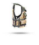 Stohlquist khaki kayaking life jacket with multiple pockets and adjustable straps on white background