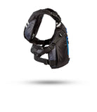 Stohlquist black kayaking and paddling safety life jacket with blue zipper, side view