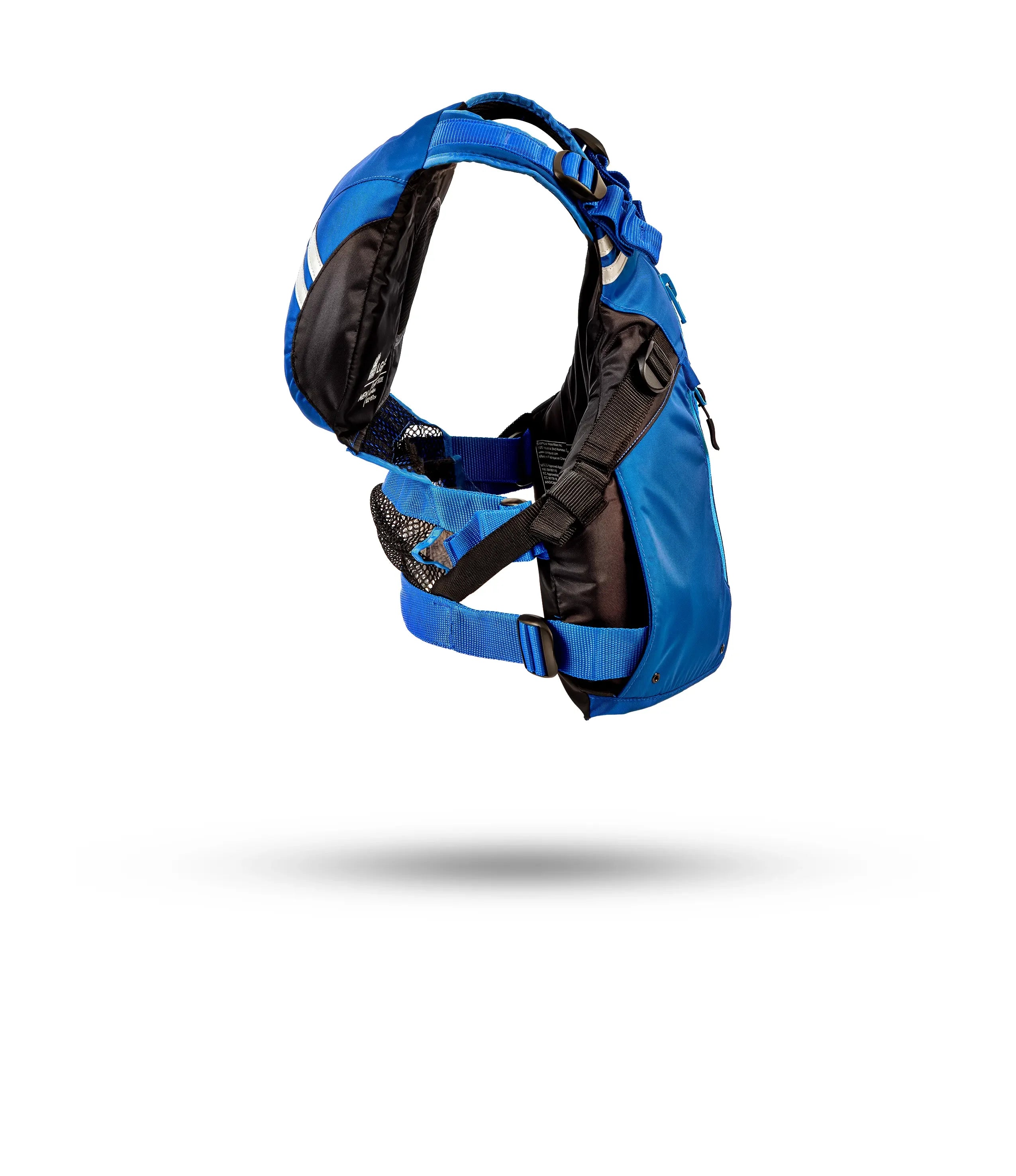 Stohlquist blue kayak life jacket side view with adjustable straps and mesh pocket