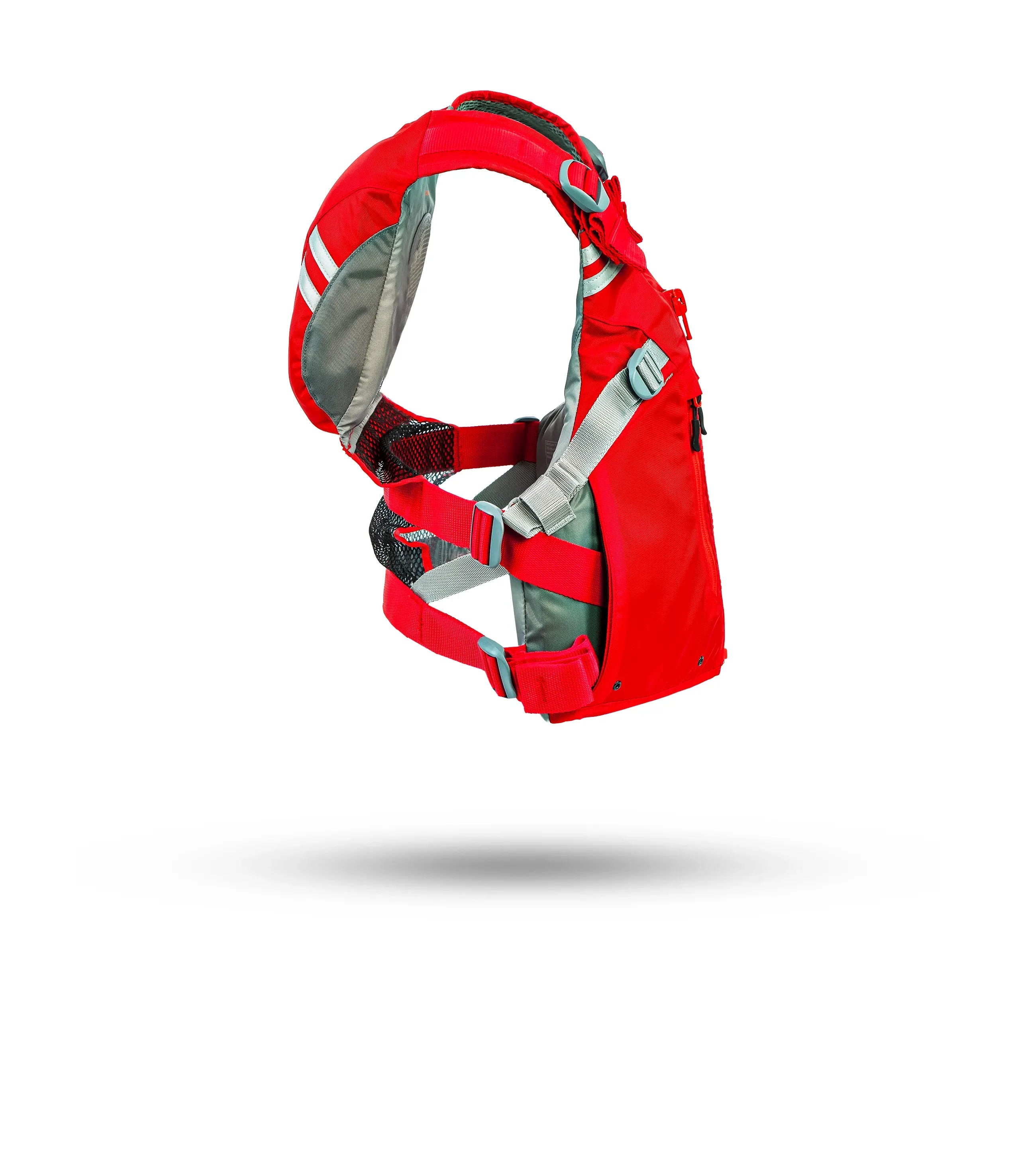 Red Stohlquist kayaking life jacket with adjustable straps, side view on white background