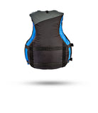 Back view of Stohlquist black and gray kayaking life jacket with blue side panels