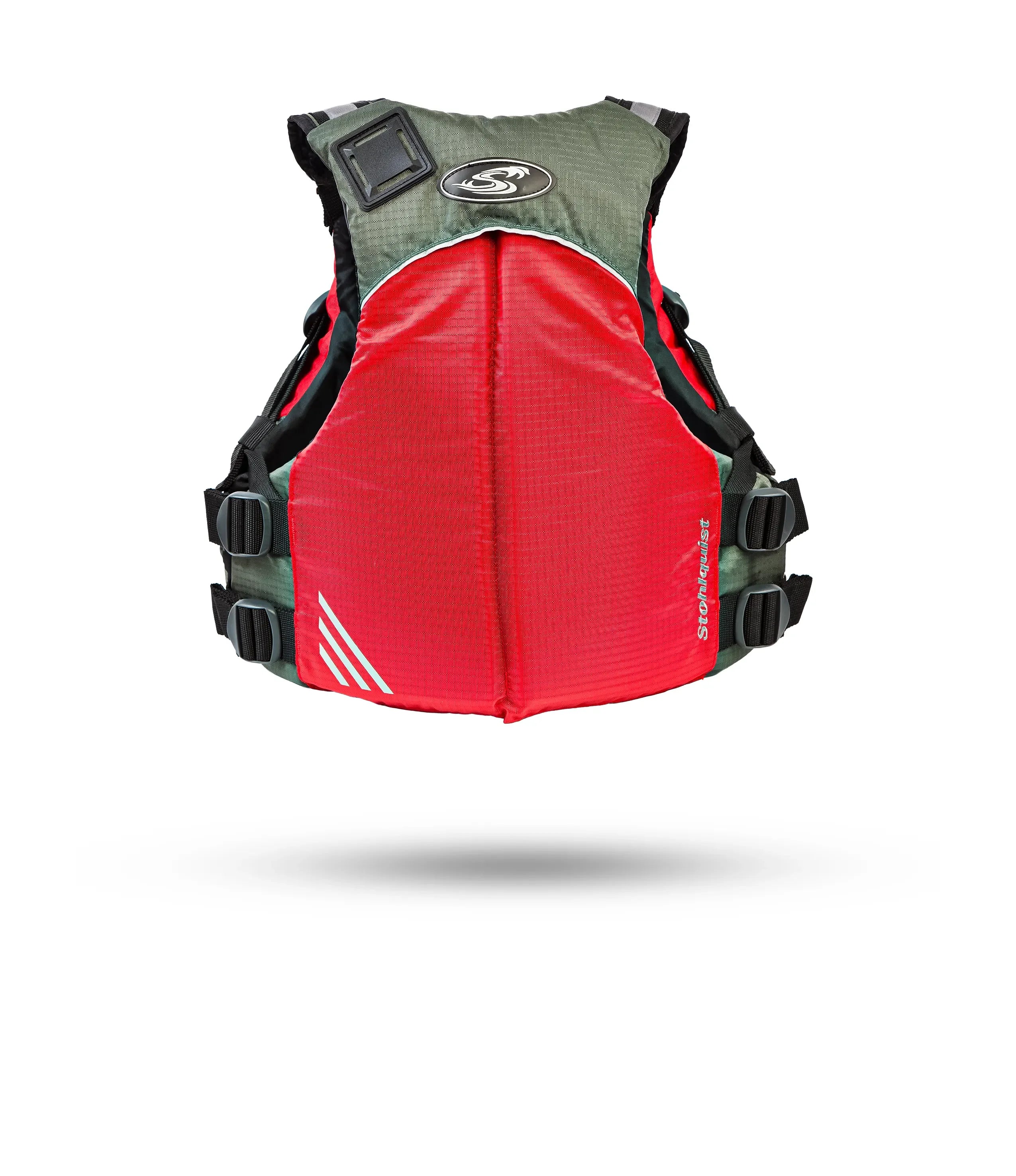 Stohlquist red and green kayaking life jacket back view with adjustable straps