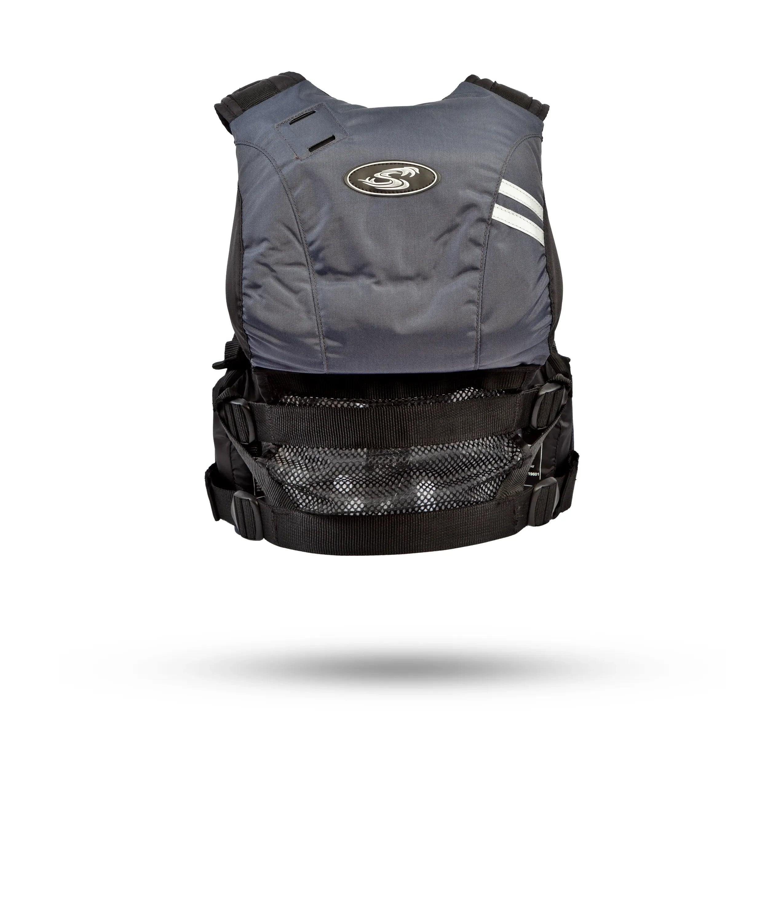 Stohlquist gray and black kayaking life jacket with logo and adjustable straps, back view