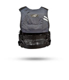 Stohlquist gray and black kayaking life jacket with logo and adjustable straps, back view