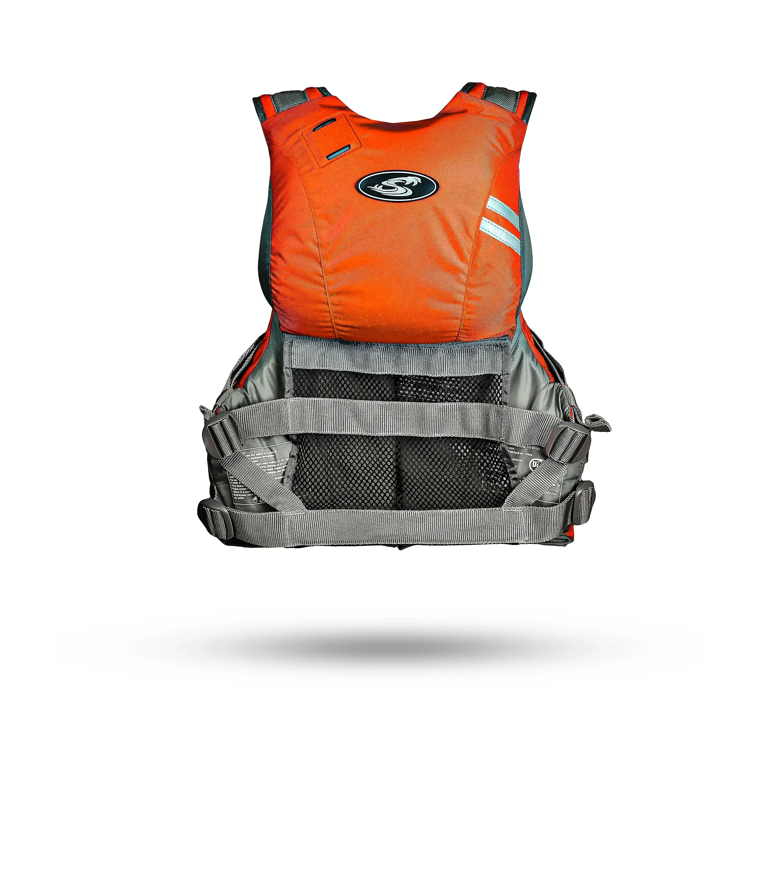 Stohlquist orange and gray kayaking life jacket back view with mesh panel and logo