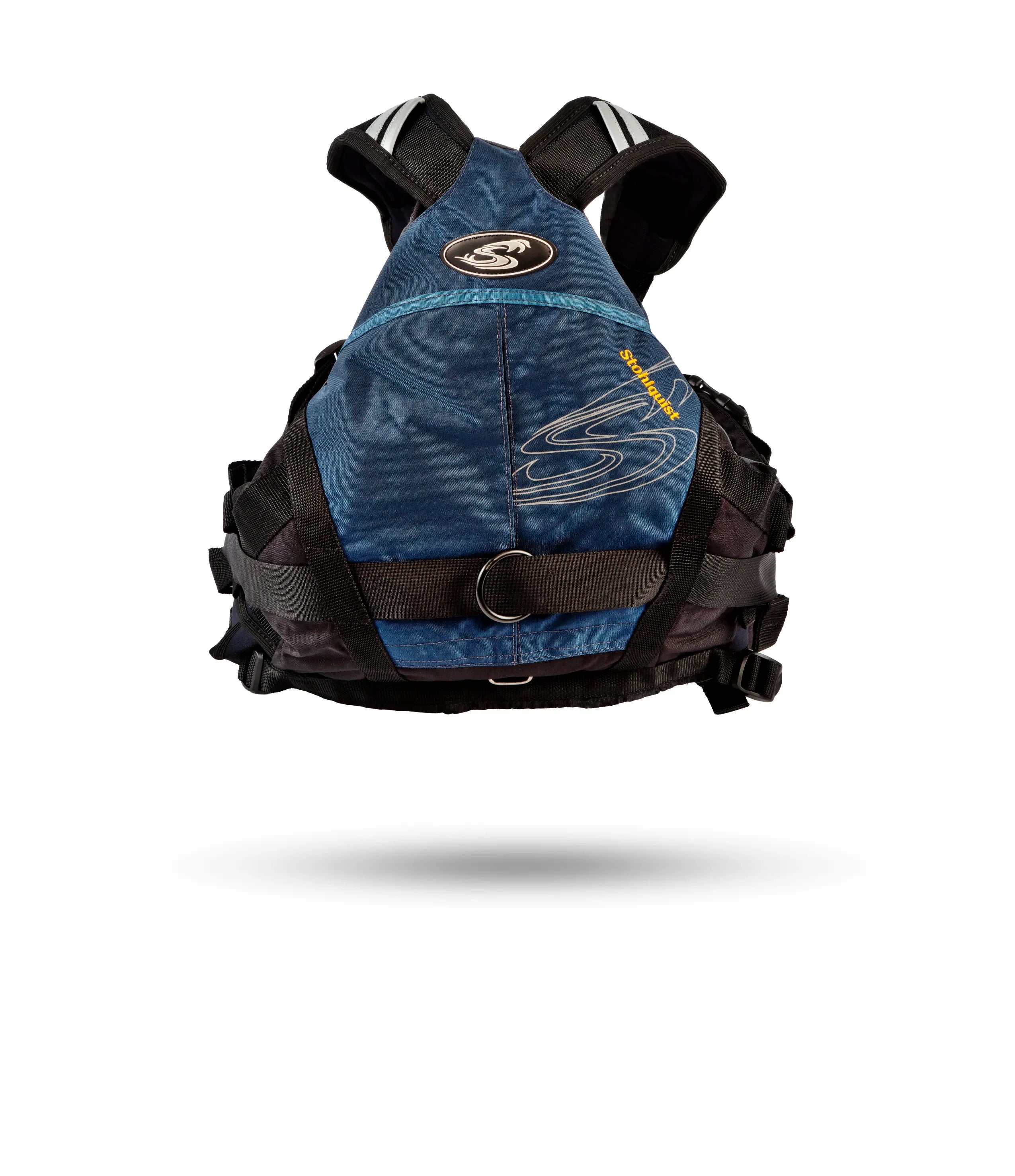 Stohlquist navy blue kayaking life jacket with logo and adjustable black straps