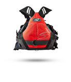 Stohlquist red kayaking life jacket, front view, with adjustable straps and logo for paddling safety