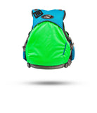 Stohlquist youth green and blue kayaking life jacket, back view, floating on white background