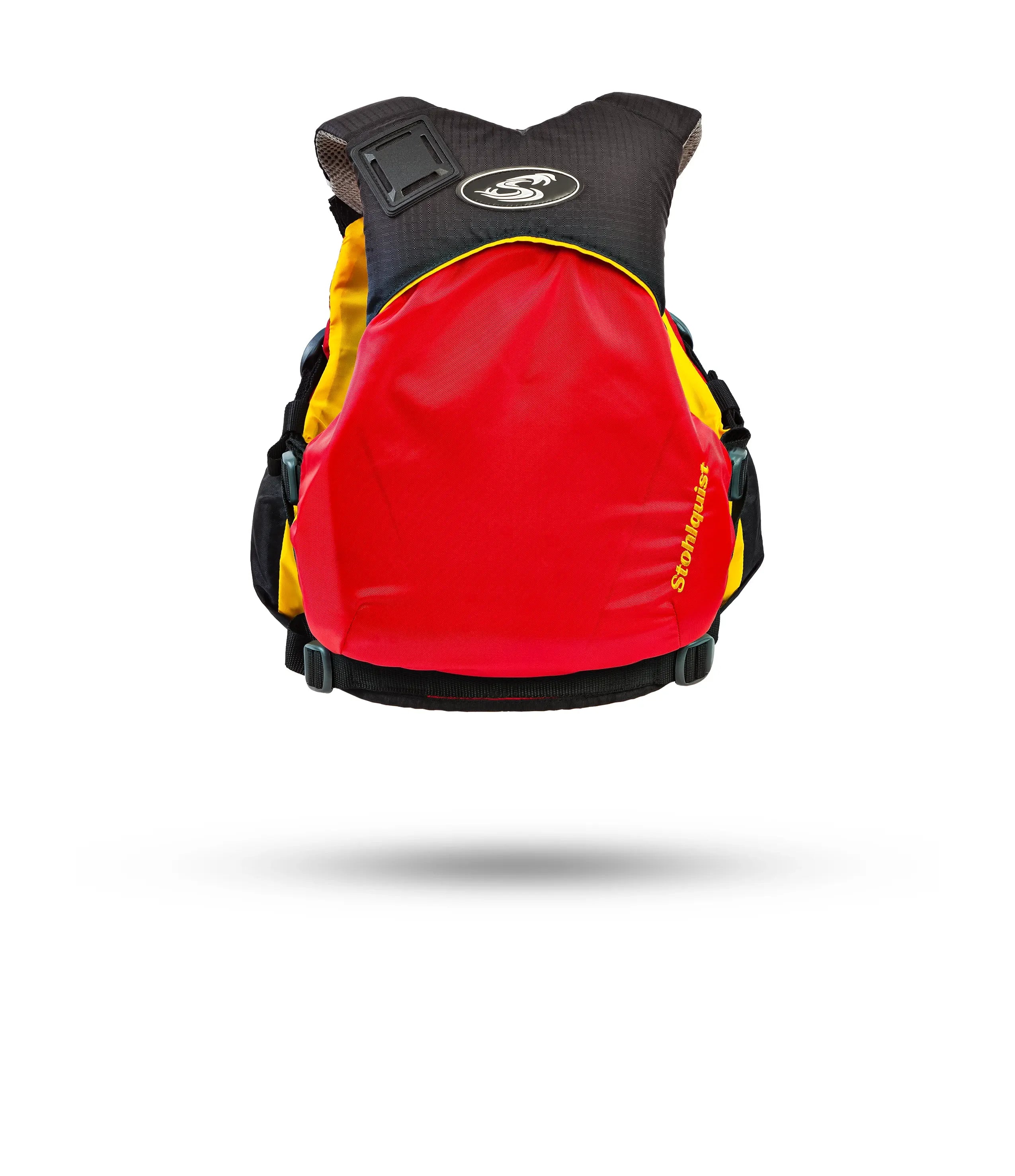 Stohlquist youth red life jacket for kayaking, back view, high-visibility safety gear