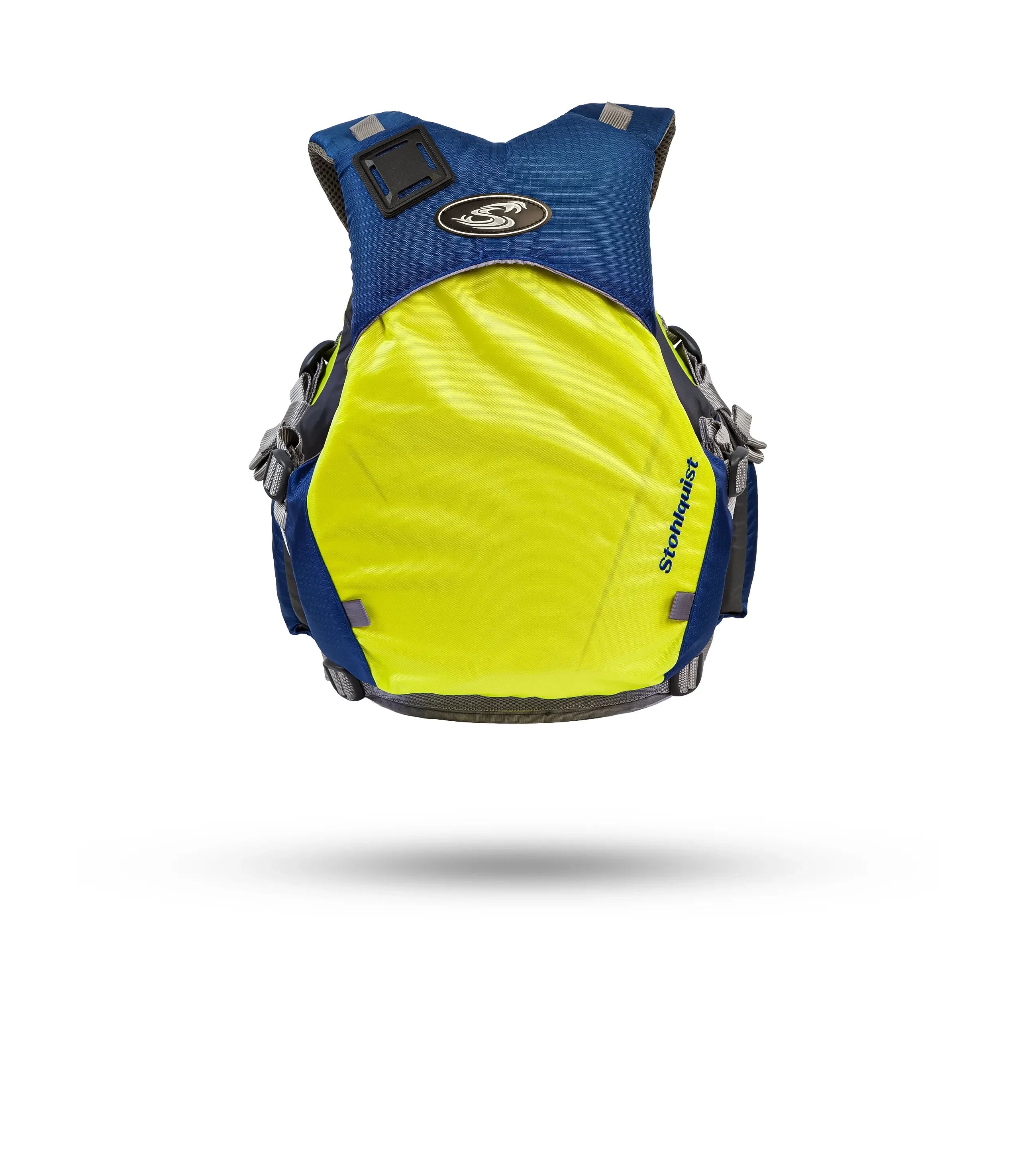 Stohlquist blue and yellow kayaking life jacket, back view, with adjustable straps.