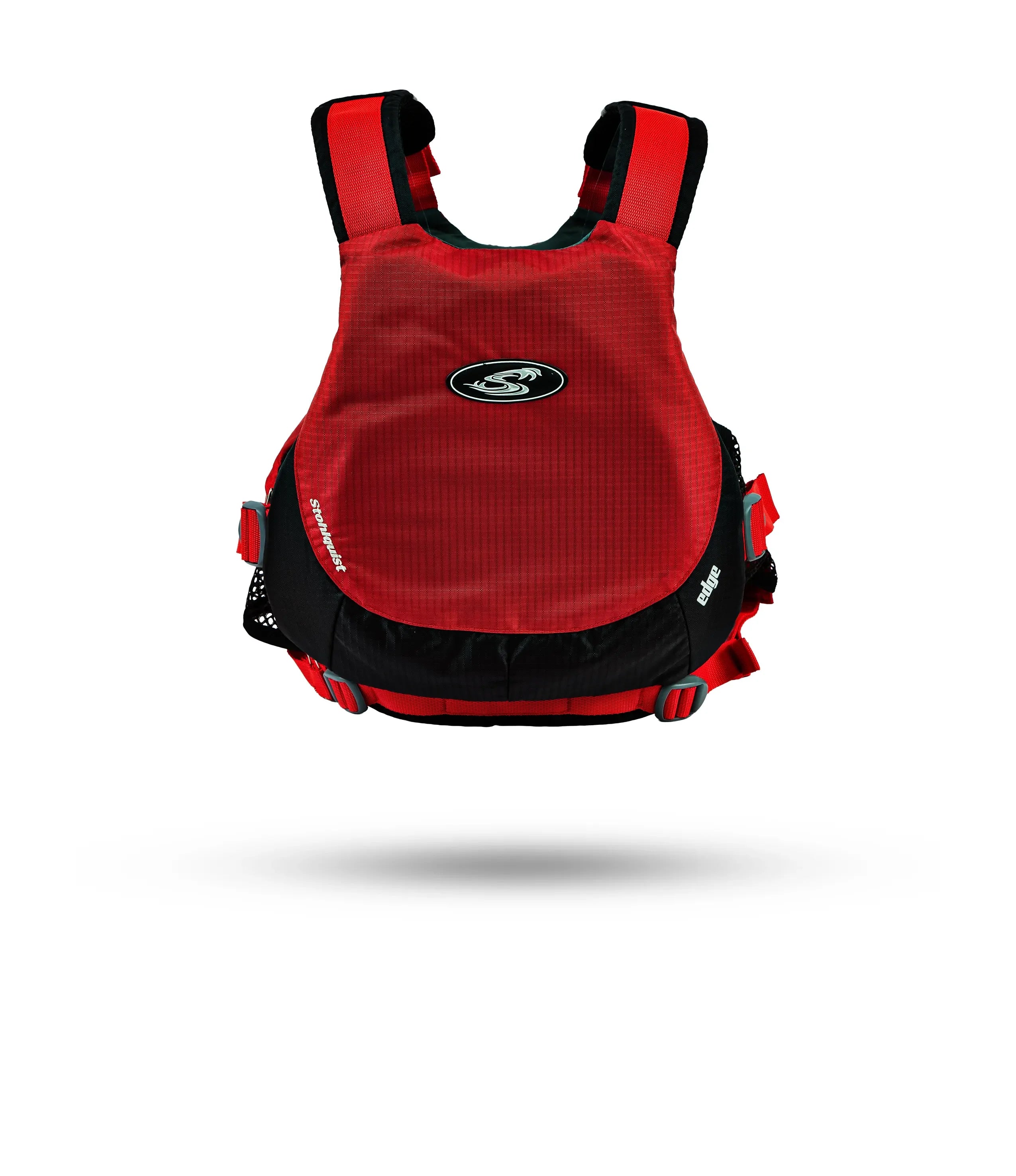 Stohlquist red kayaking life jacket, back view, with black trim and safety straps.