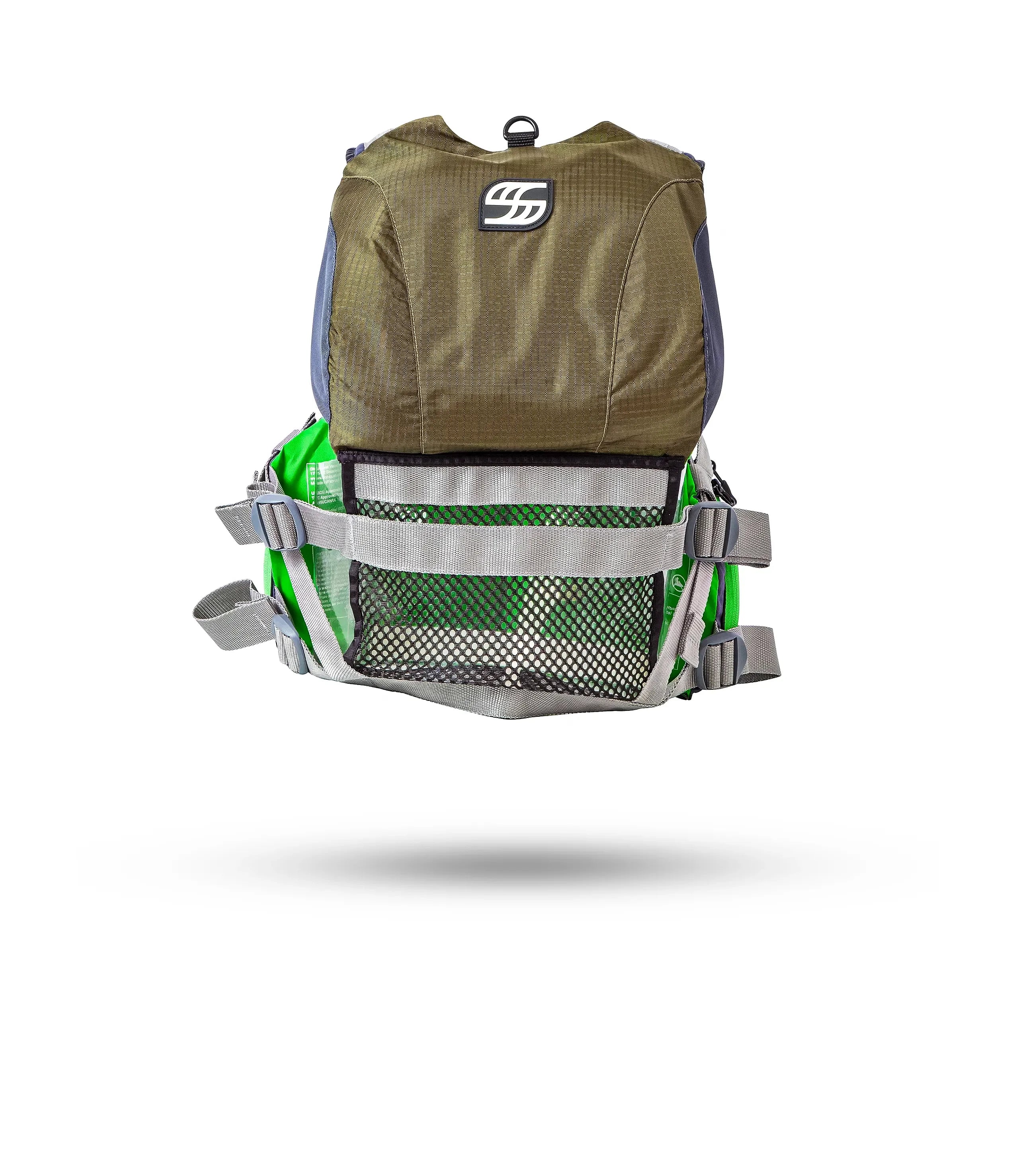 Stohlquist green fishing life jacket with mesh back, adjustable straps, front view