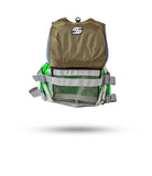 Stohlquist green fishing life jacket with mesh back, adjustable straps, front view