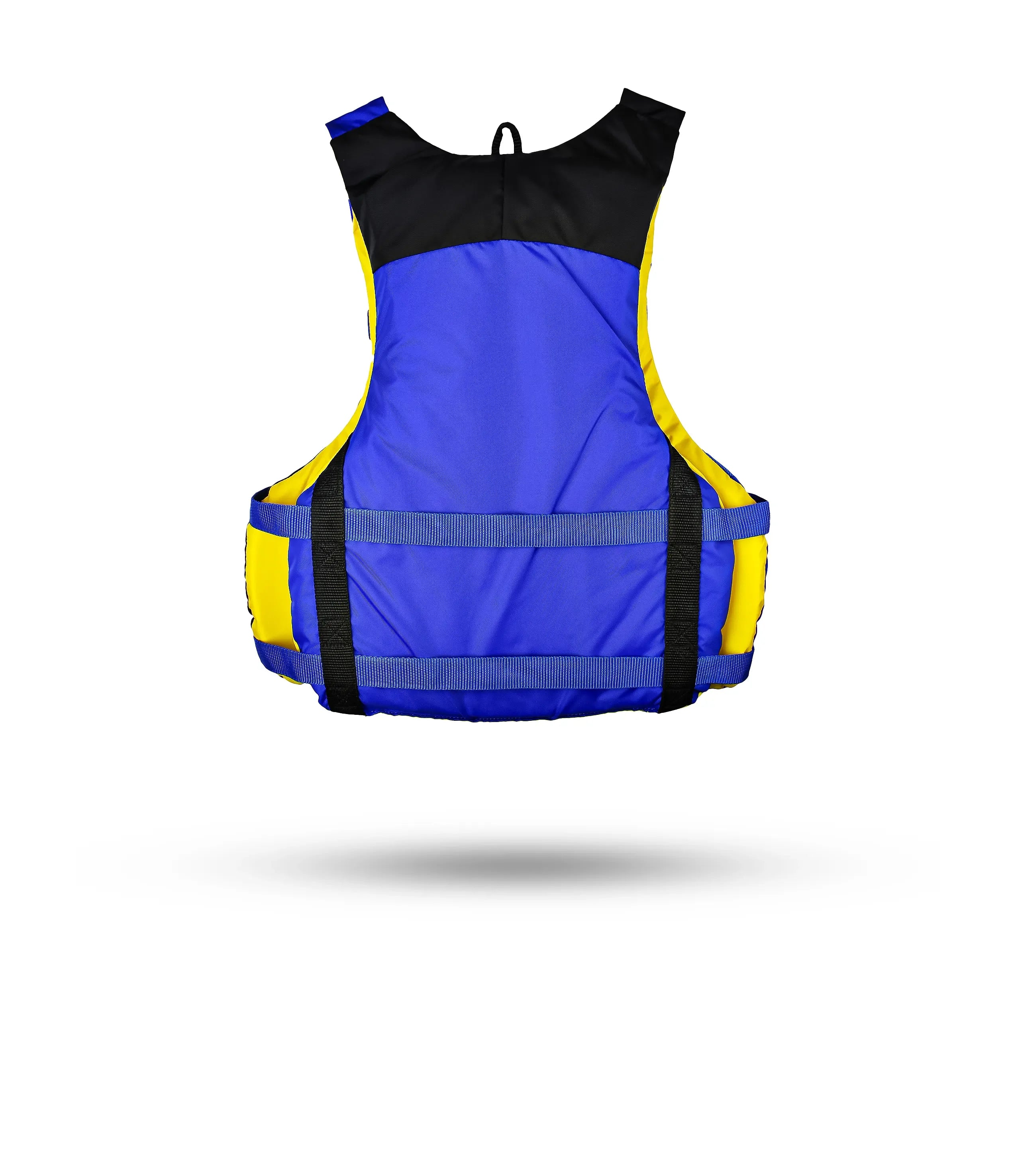 Stohlquist blue and yellow kayaking life jacket, back view, on white background