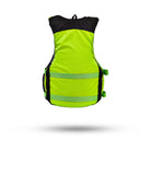 Stohlquist lime green and black paddling life jacket, back view, with side straps