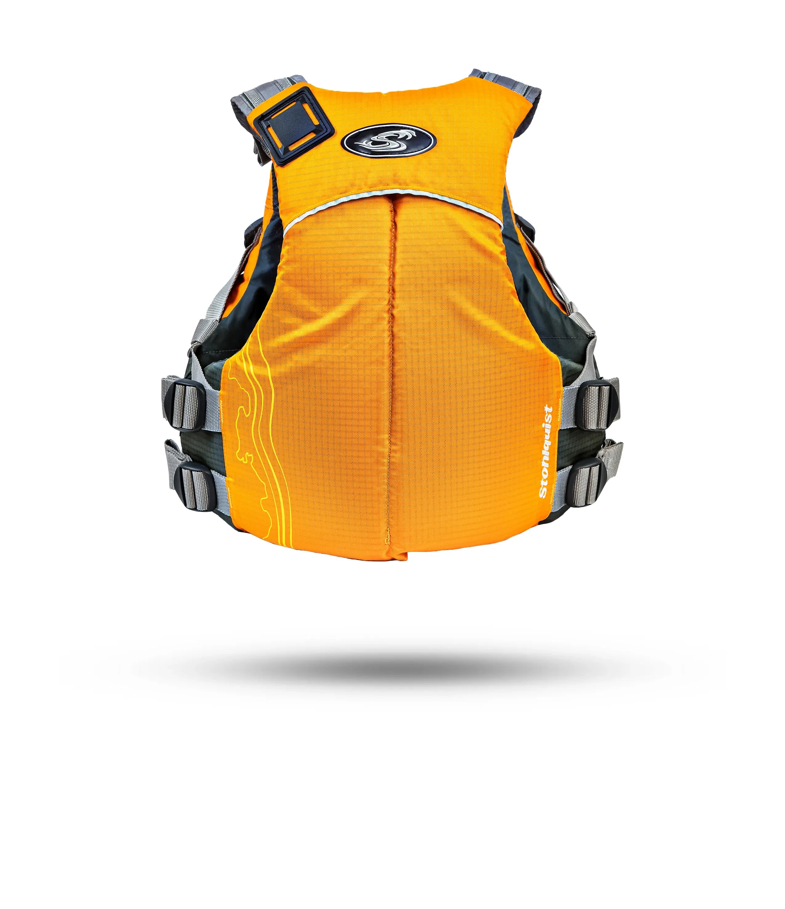 Stohlquist Glide Mango back view, bright orange kayaking life jacket with adjustable straps