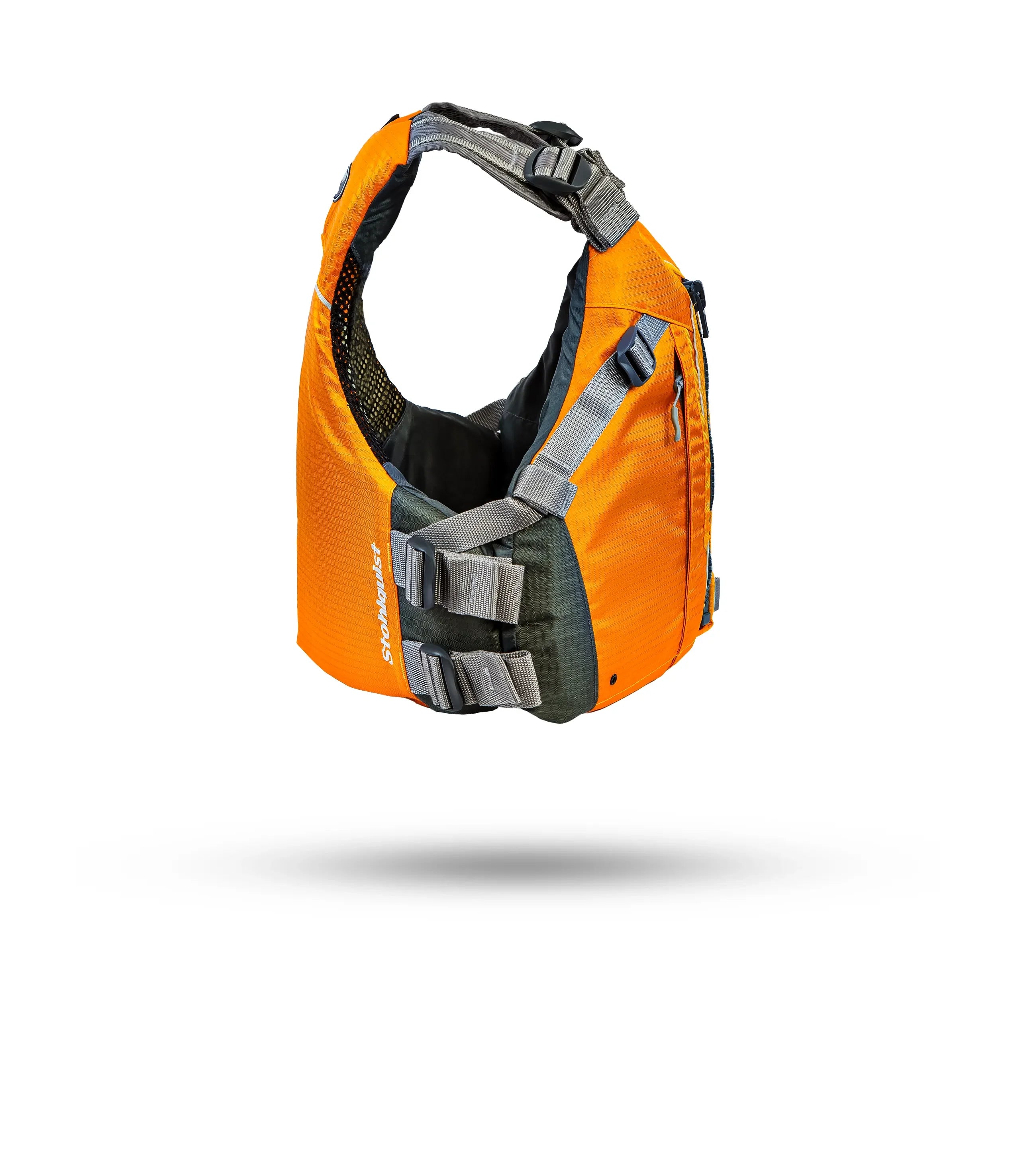 Stohlquist orange kayaking life jacket with gray straps, front side view on white background