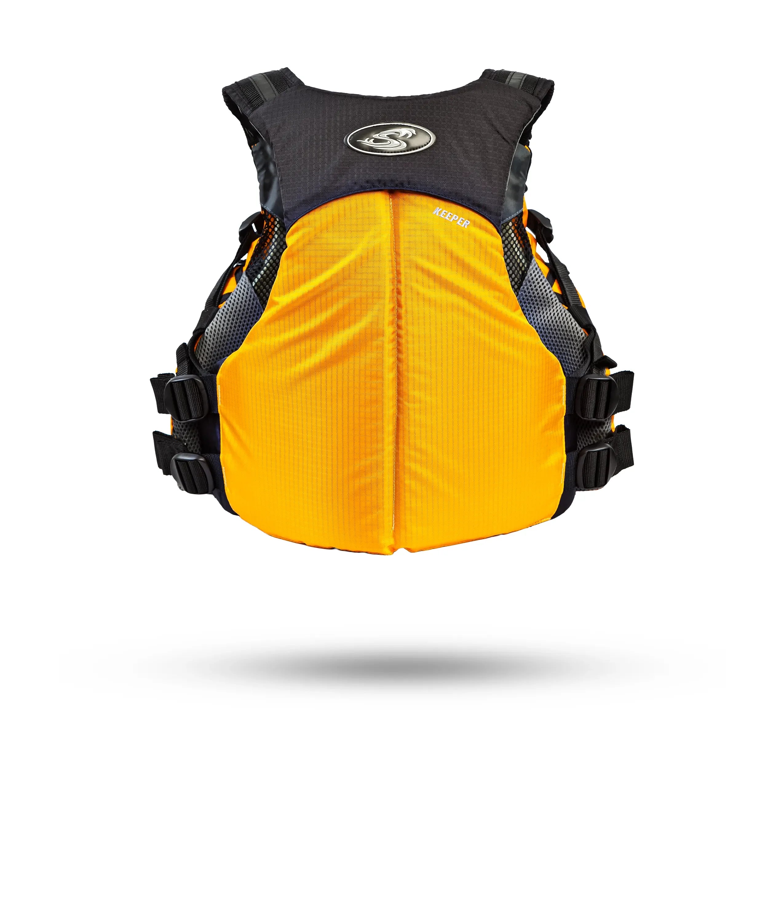 Stohlquist Keeper kayaking safety life jacket in mango color, back view, with adjustable straps