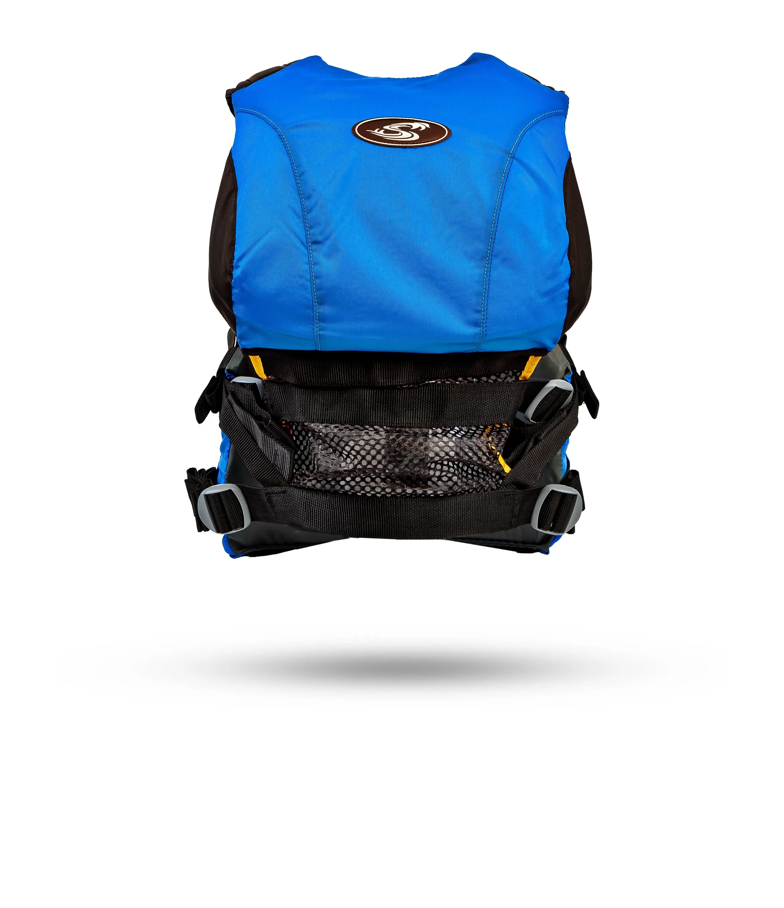 Stohlquist blue kayaking life jacket shown from the back with mesh pocket and adjustable straps.