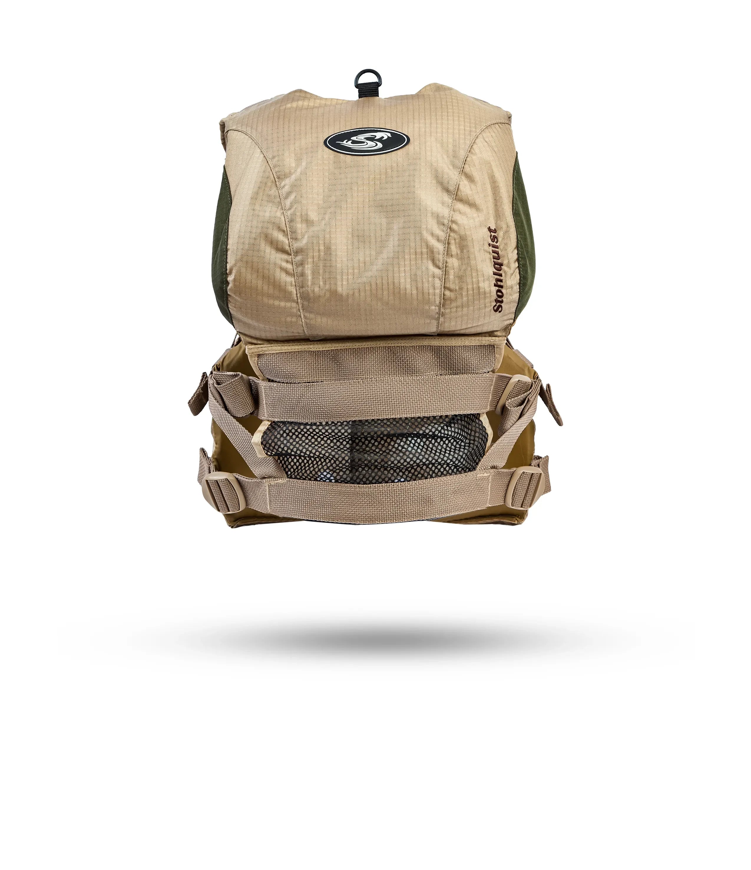 Stohlquist khaki kayaking life jacket, adjustable straps, mesh back panel, back view