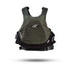 Stohlquist Edge gray kayaking and paddling life jacket, back view, floating on white background