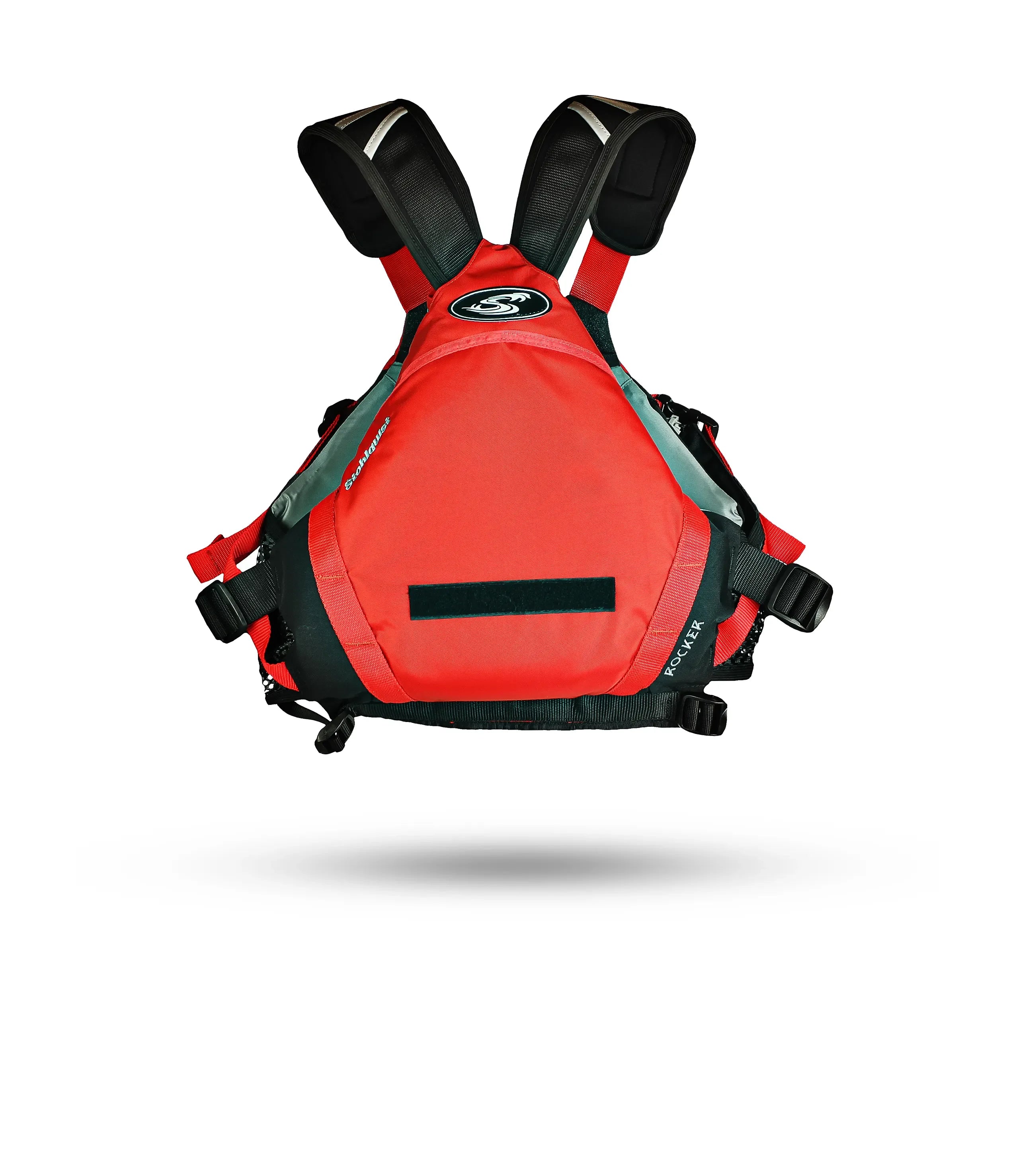 Stohlquist red kayaking life jacket with adjustable straps, front view on white background