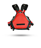 Stohlquist red kayaking life jacket with adjustable straps, front view on white background