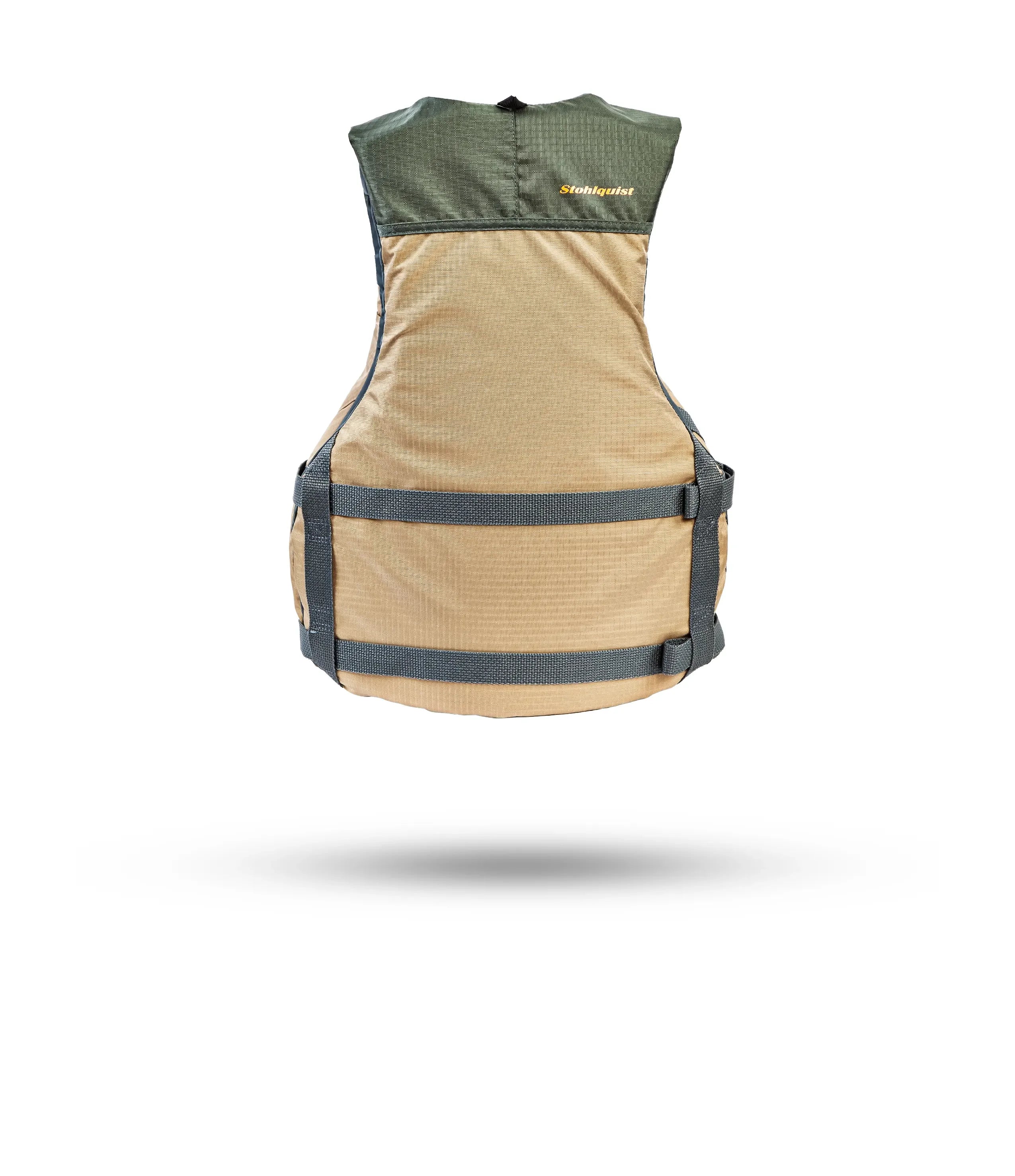 Stohlquist khaki and green kayaking life jacket, back view, with adjustable straps