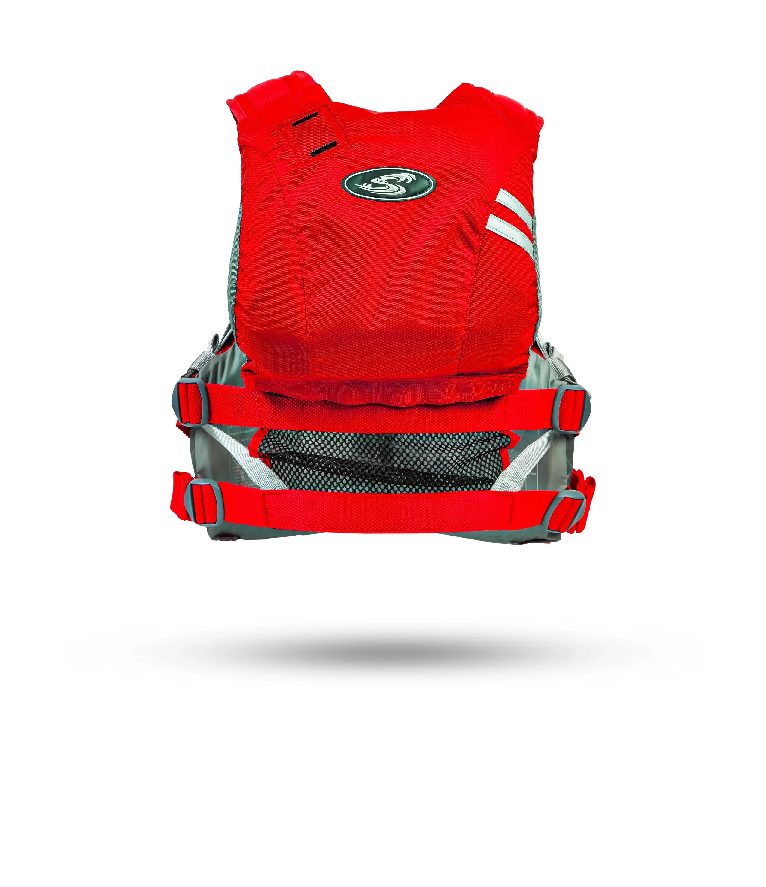 Stohlquist red kayaking life jacket, adjustable straps, mesh back, viewed from rear