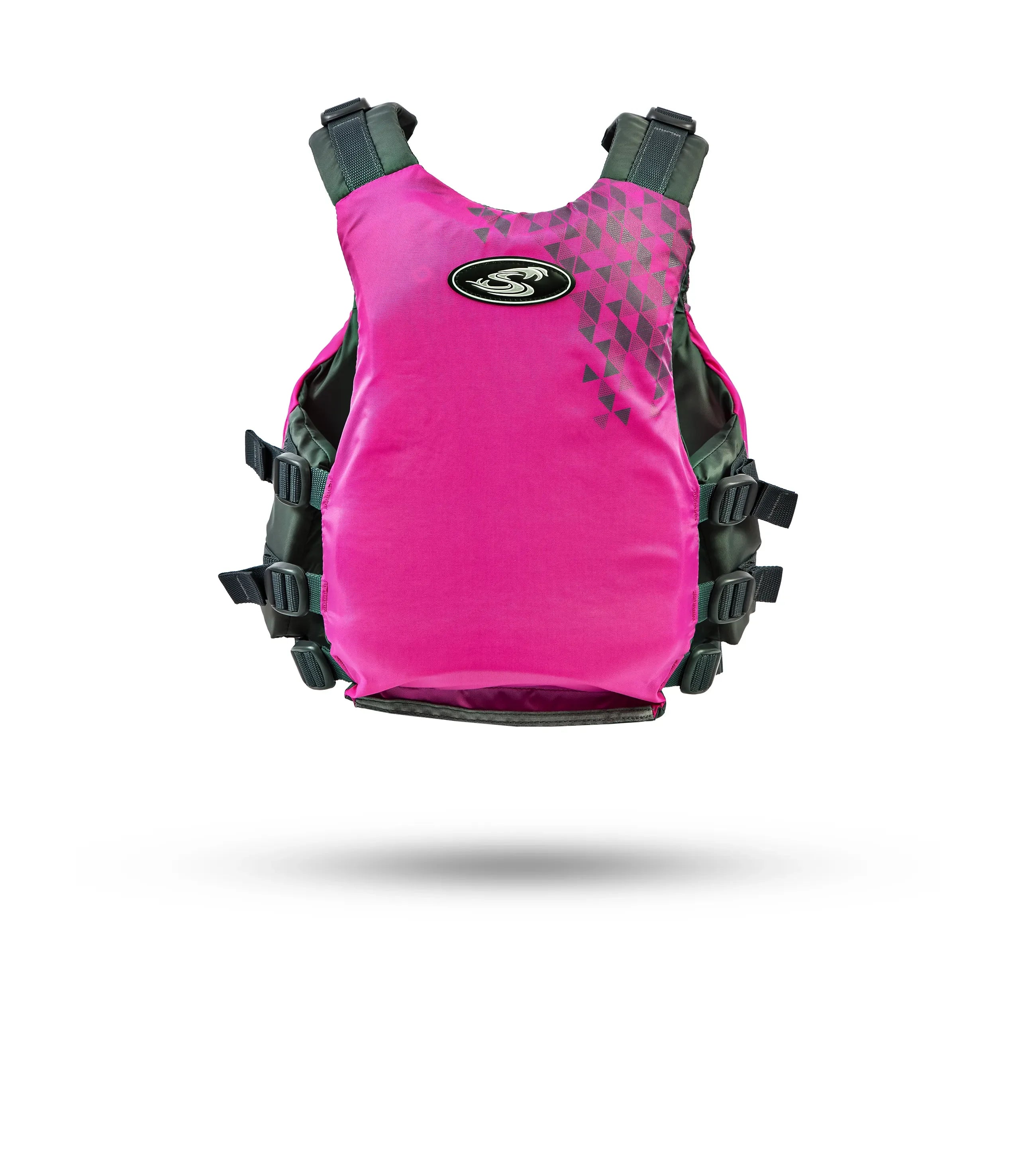Stohlquist pink women's kayaking life jacket with adjustable straps and black geometric accents