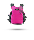 Stohlquist pink women's kayaking life jacket with adjustable straps and black geometric accents