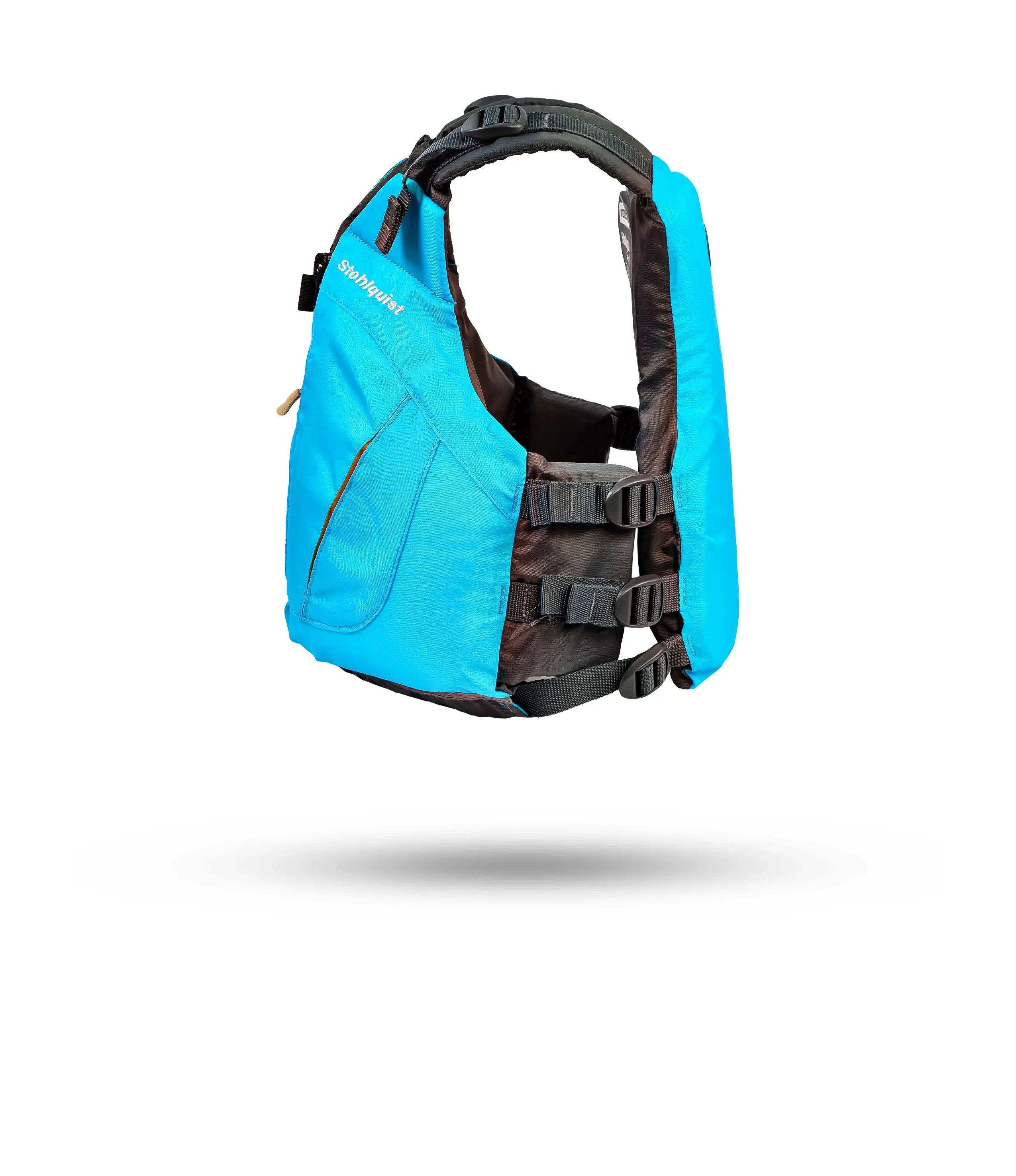 Stohlquist blue kayaking life jacket with adjustable straps, shown on white background