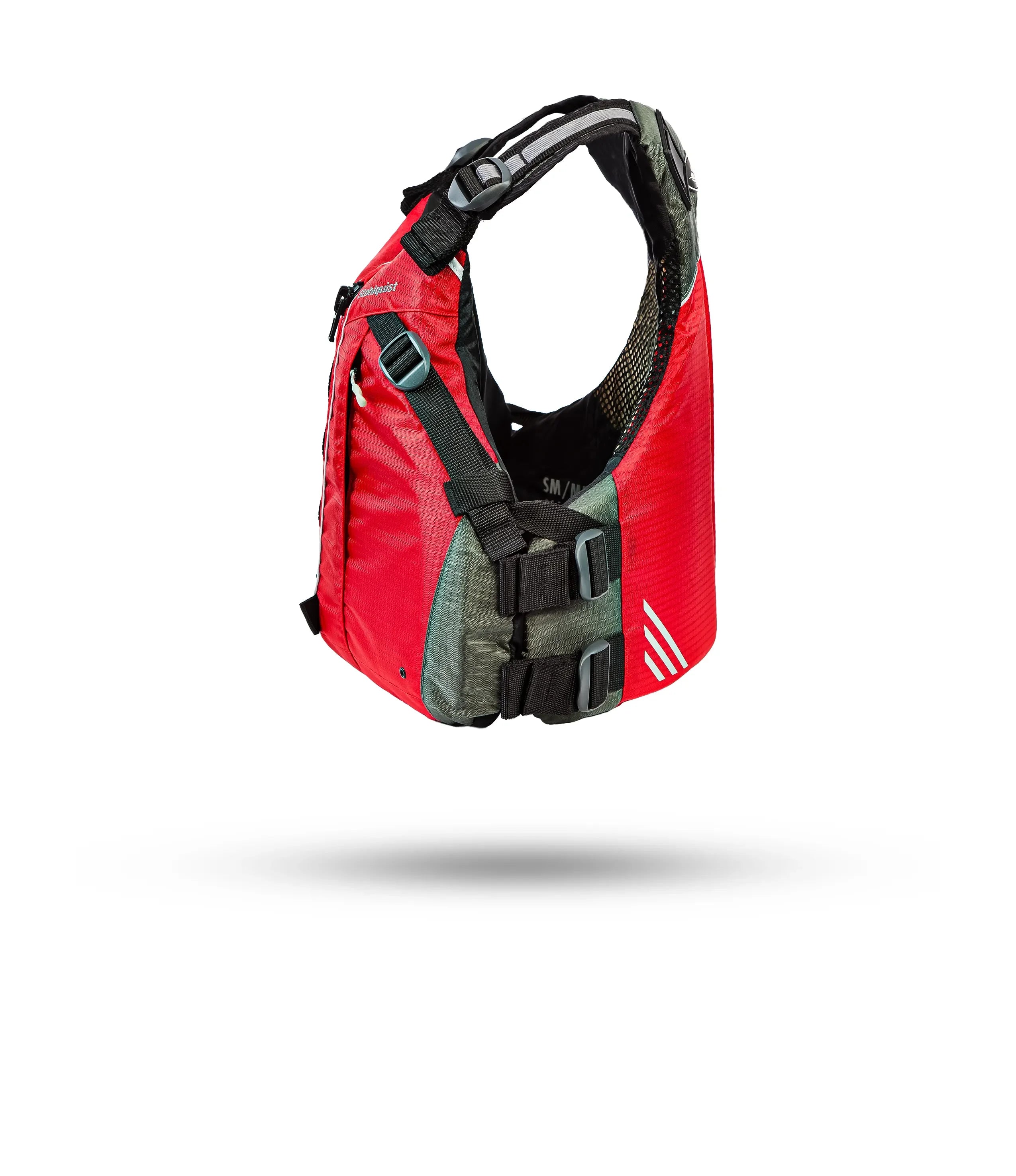 Stohlquist red kayaking life jacket with adjustable straps, floating on white background