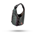 Stohlquist green kayaking life jacket with adjustable straps and mesh back, side view