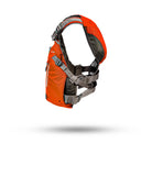 Stohlquist orange and gray kayaking life jacket with adjustable straps, side view