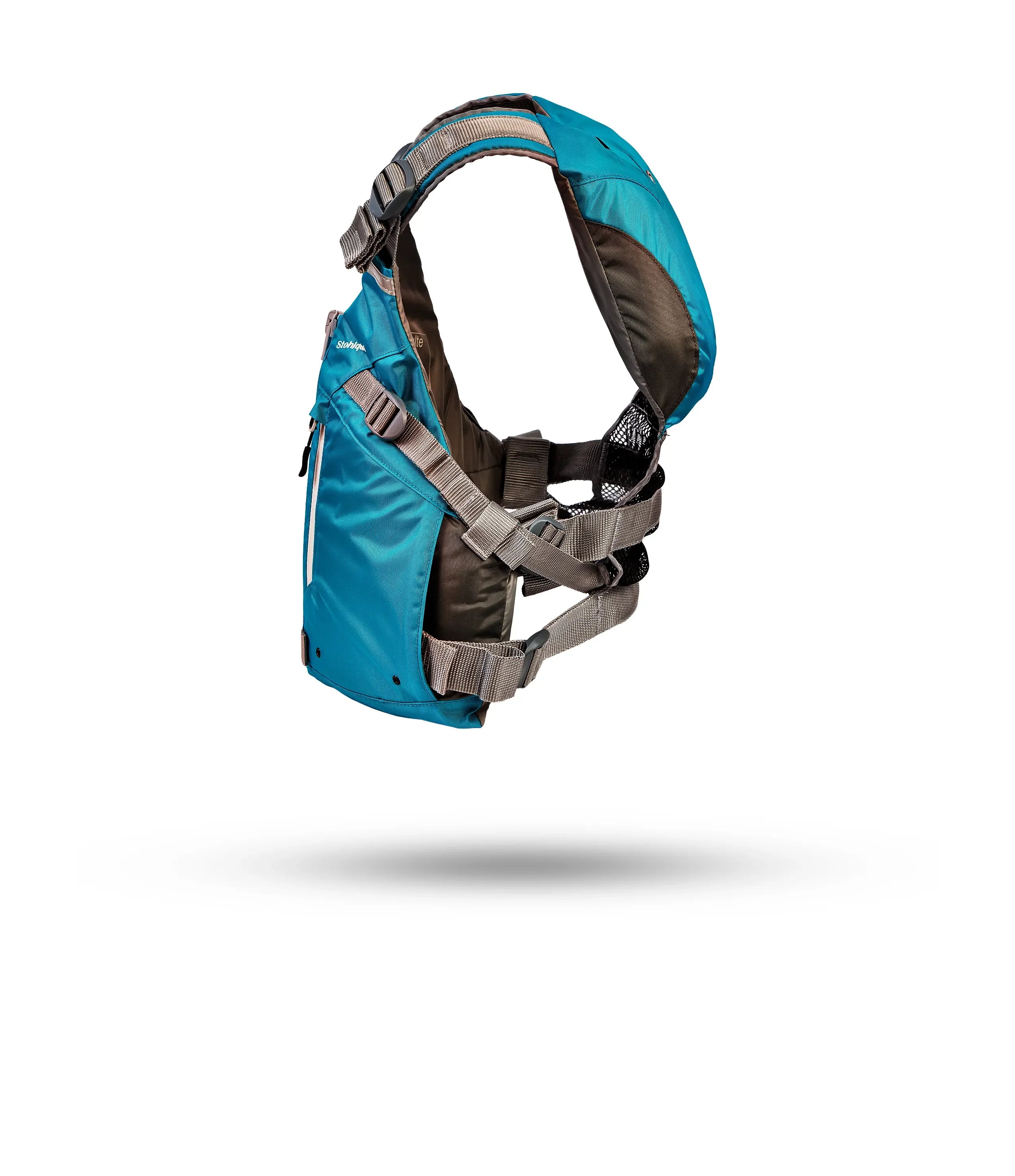 Stohlquist turquoise and gray kayaking life jacket with adjustable straps, side view
