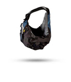 Stohlquist navy and black kayaking life jacket with straps, side view, on white background