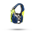 Stohlquist blue and yellow kayak life jacket with adjustable straps on white background