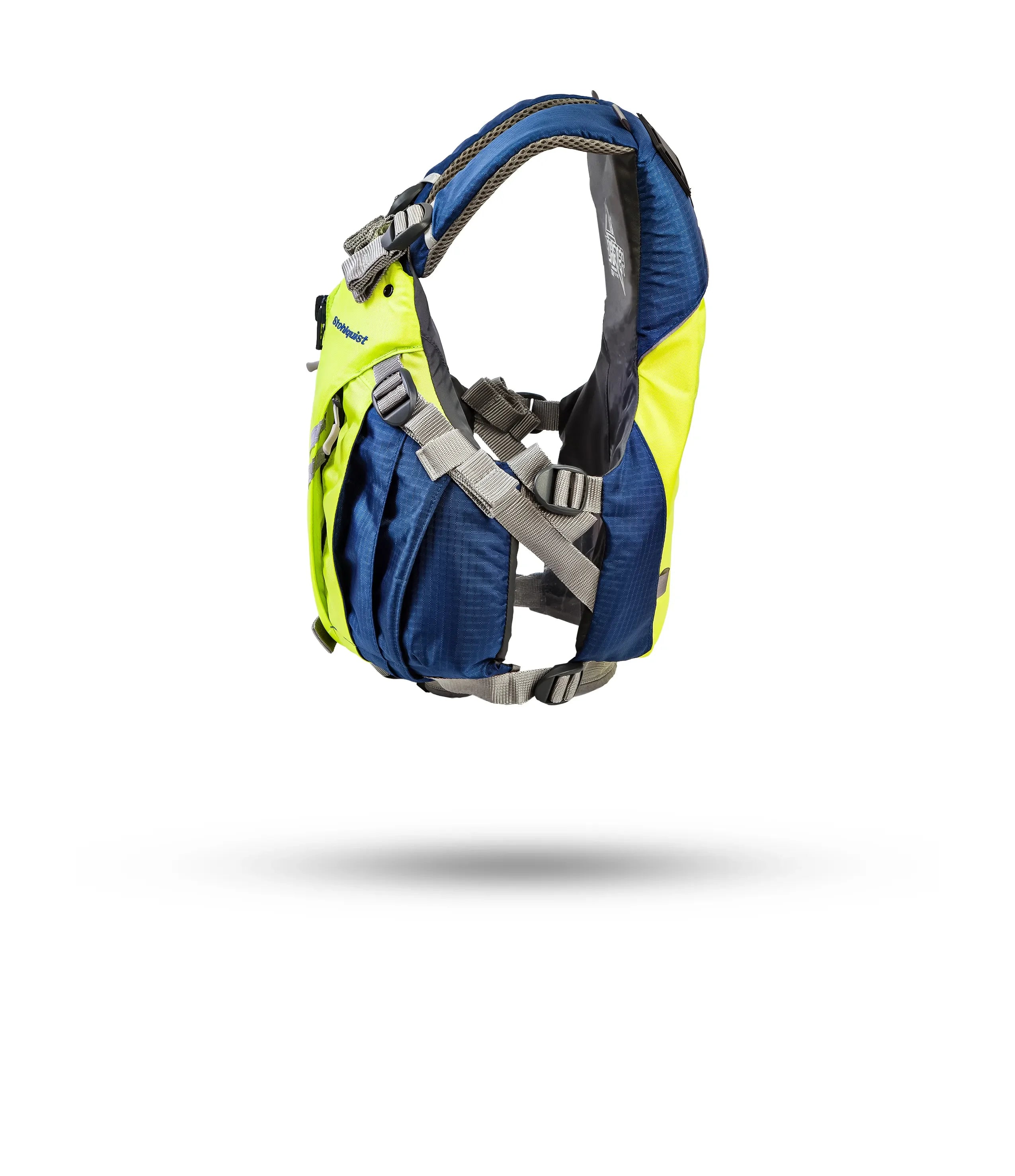 Stohlquist blue and yellow kayak life jacket with adjustable straps on white background