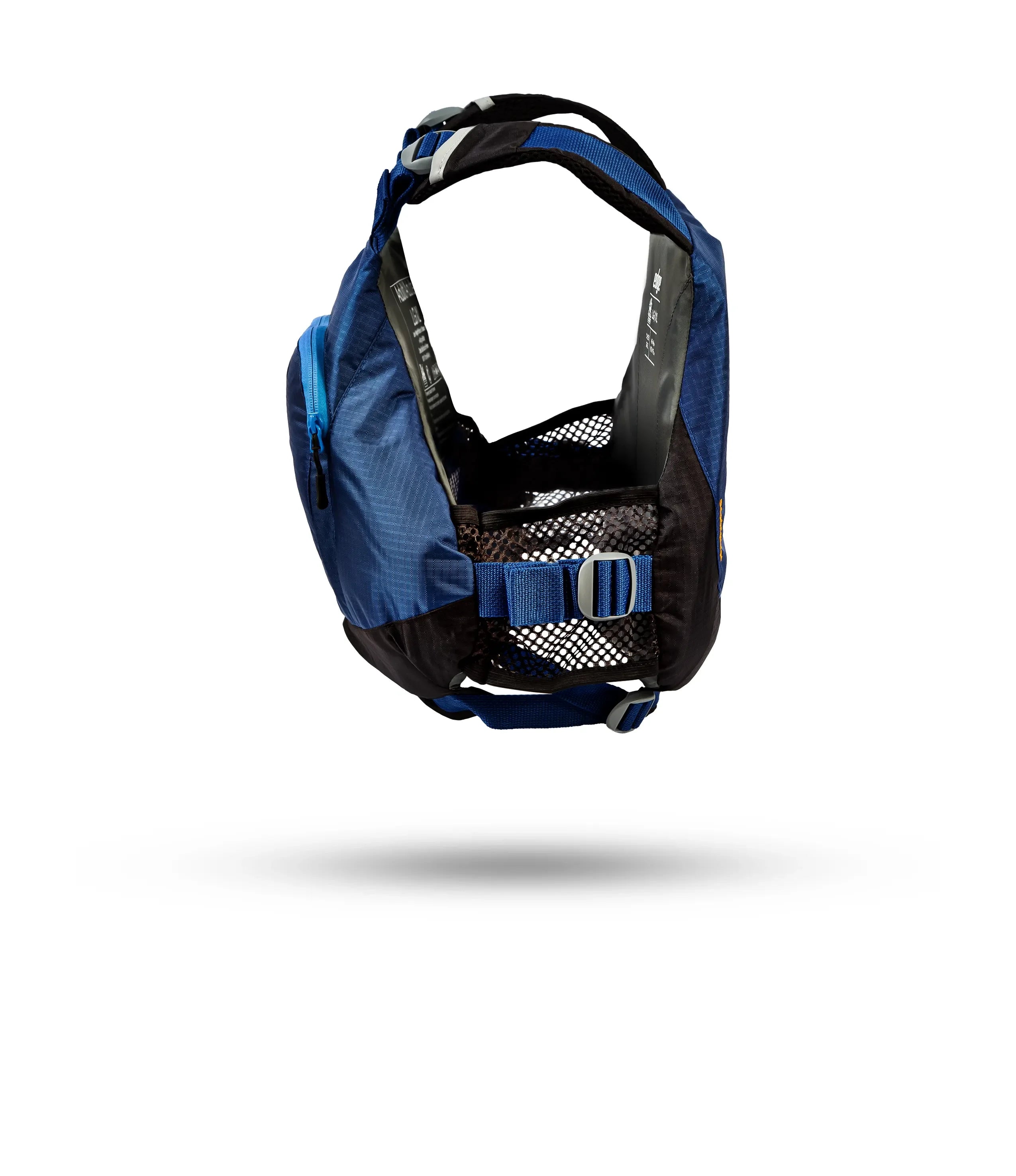 Stohlquist blue kayak life jacket with mesh sides and adjustable straps on white background