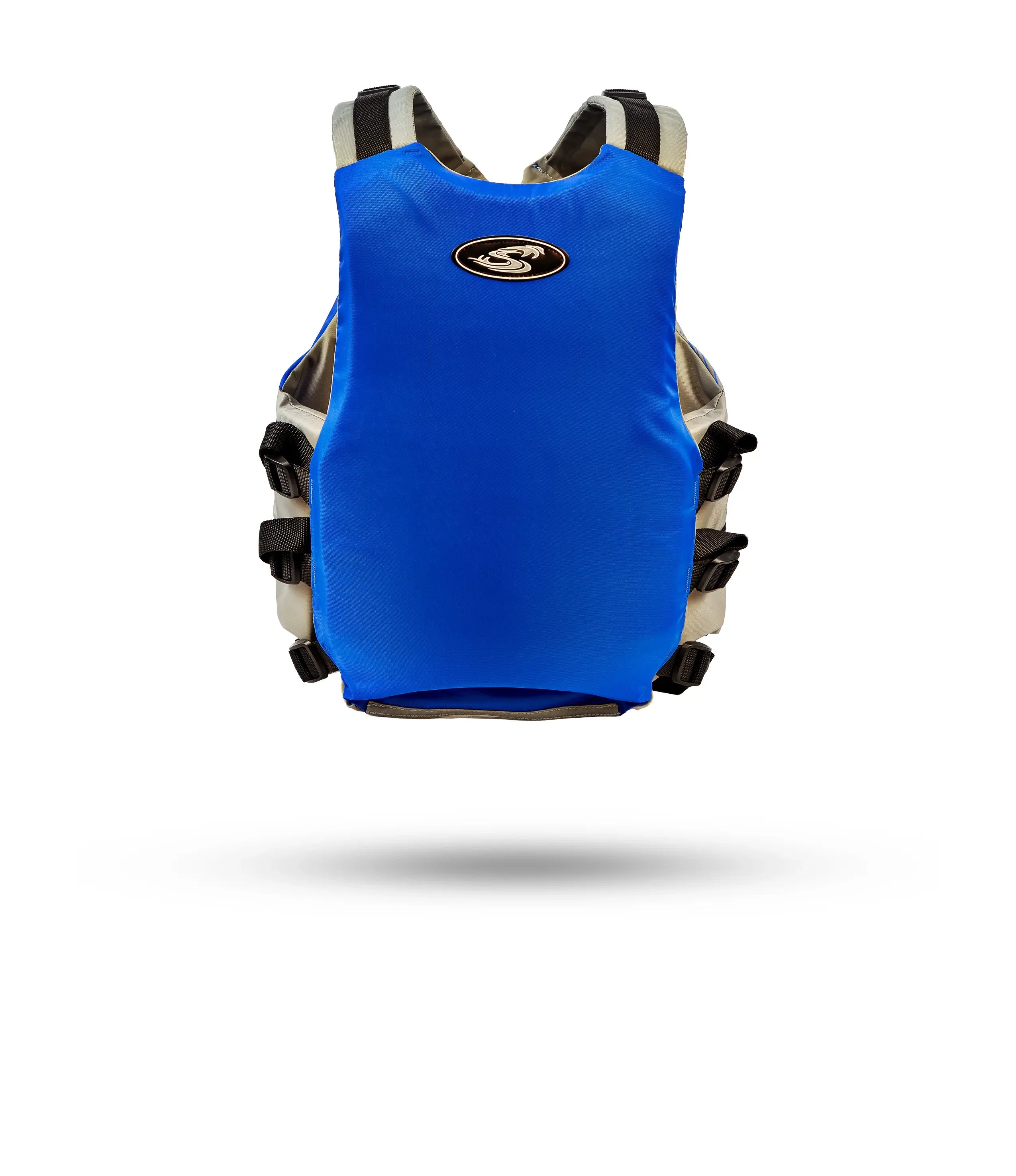 Stohlquist blue kayaking life jacket back view with adjustable black straps on white background