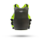 Back view of Stohlquist kayaking life jacket in black and neon yellow with multiple straps