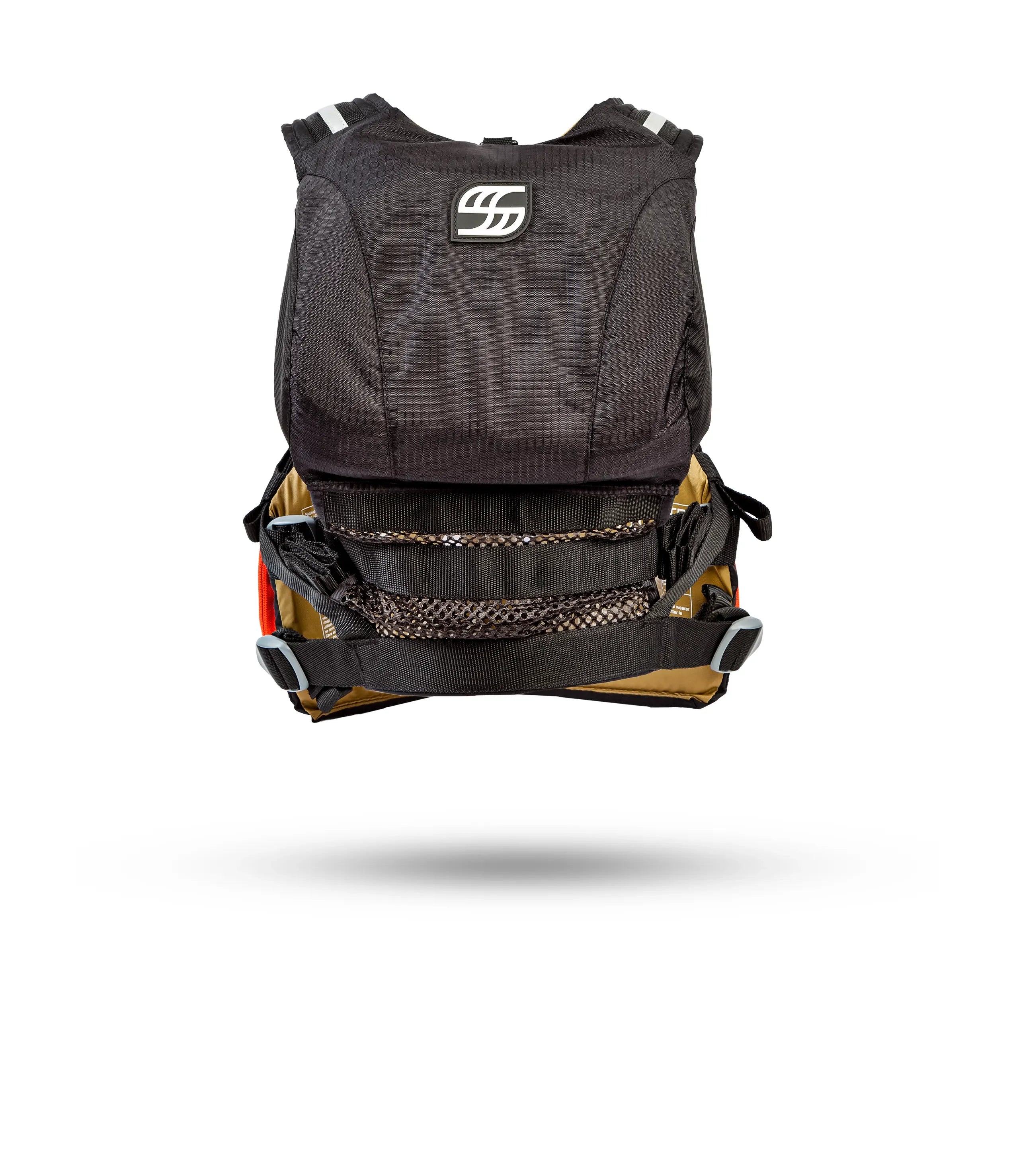 Stohlquist black fishing life jacket with mesh pockets and adjustable straps, front view