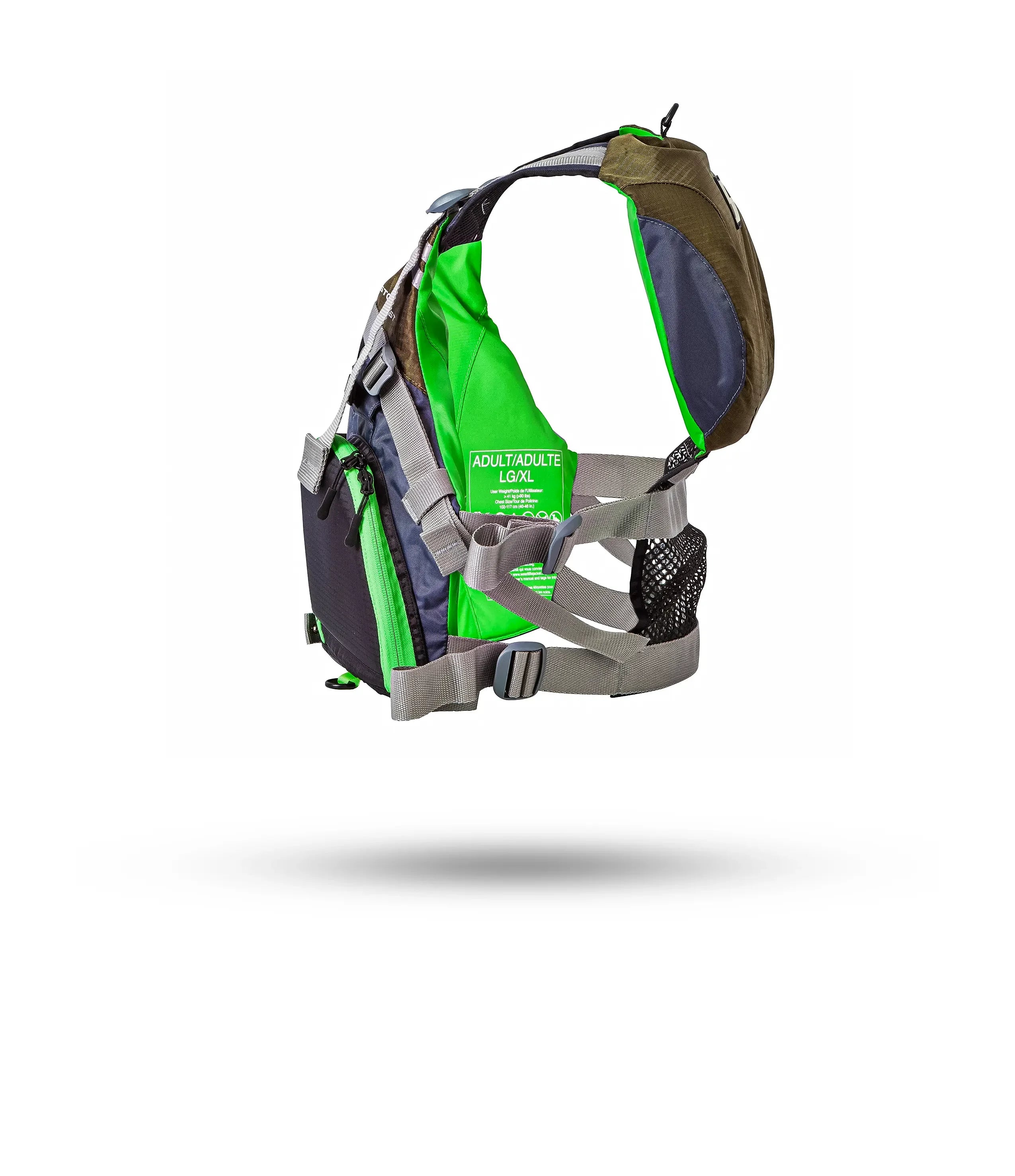 Stohlquist green kayaking and fishing life jacket, side view, adjustable straps, adult LG/XL