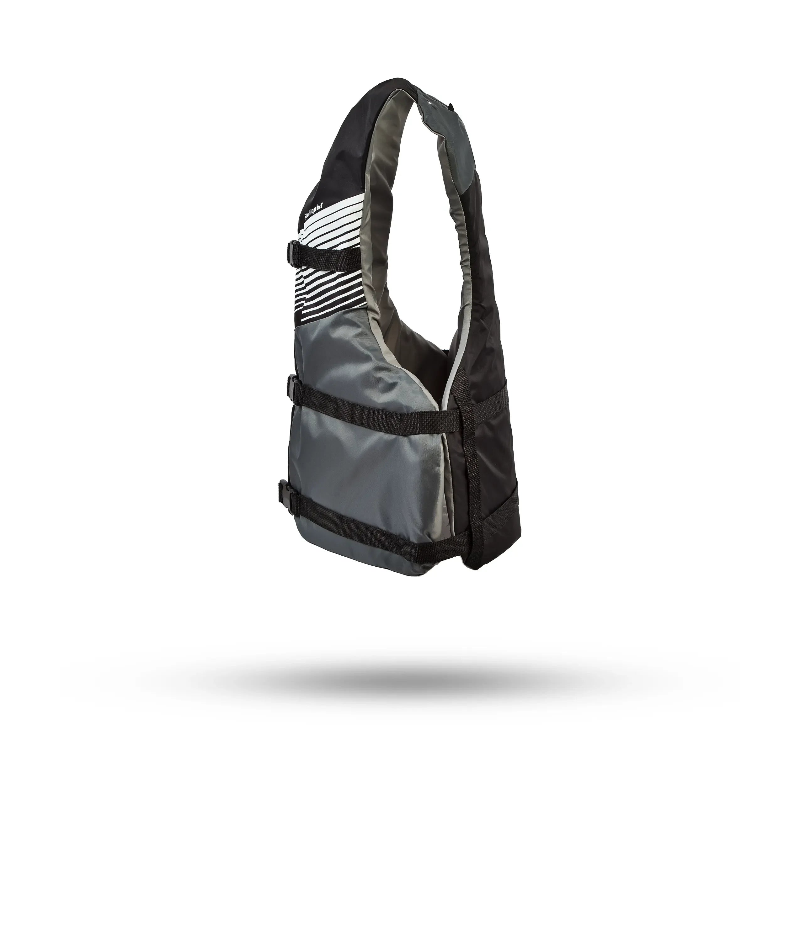 Stohlquist gray and black kayaking life jacket with side straps, floating on white background