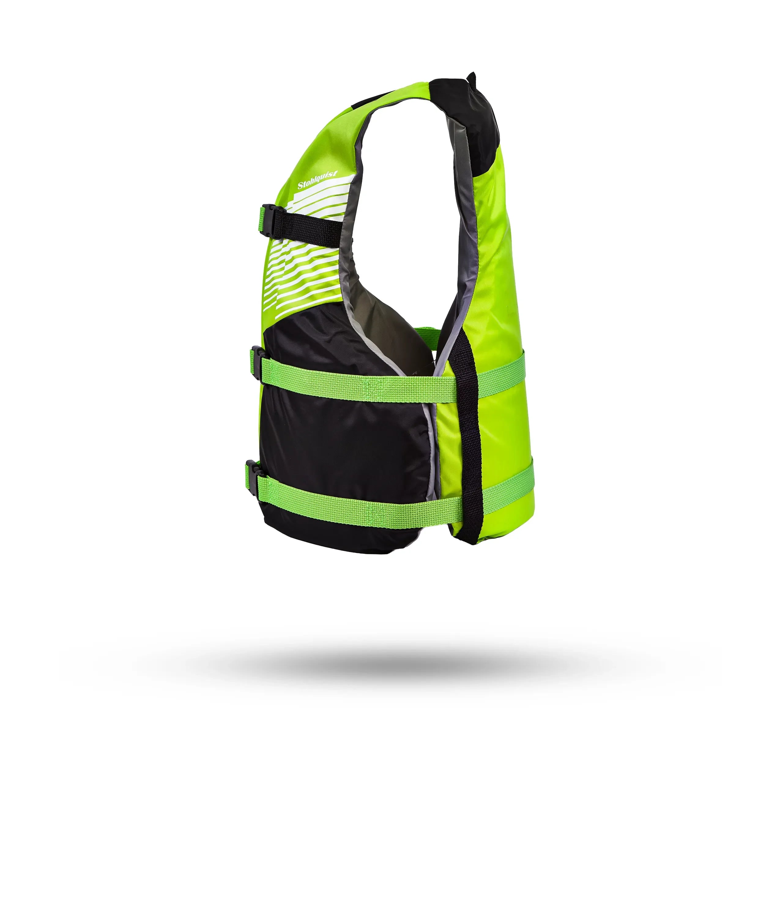 Stohlquist lime green and black kayaking life jacket with three adjustable straps, side view