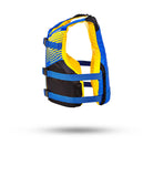 Stohlquist youth kayak life jacket in blue, black, and yellow with adjustable straps, side view