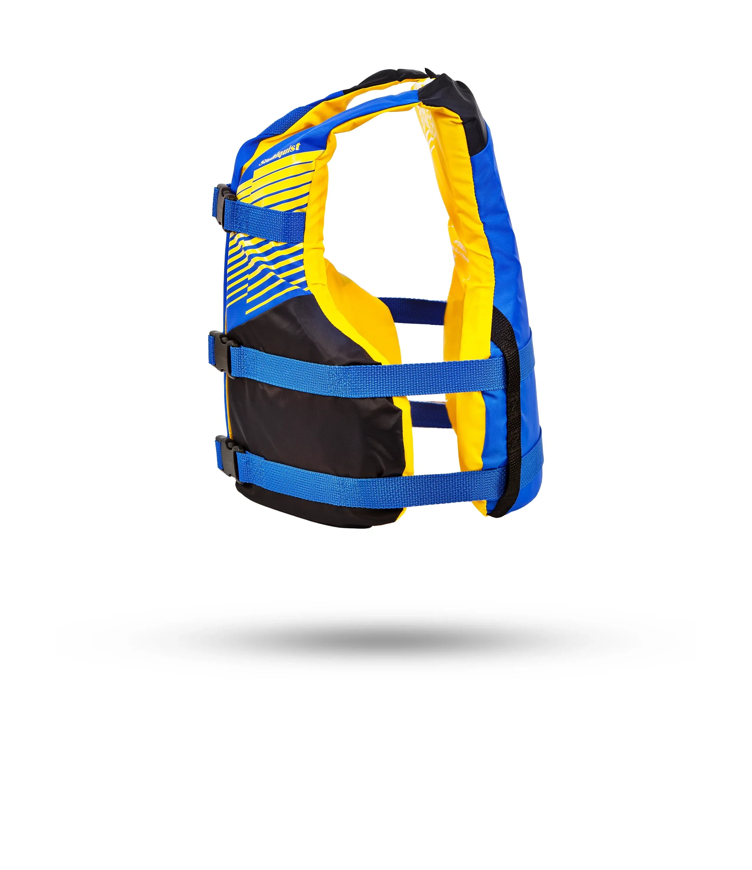 Stohlquist youth kayak life jacket in blue, black, and yellow with adjustable straps, side view