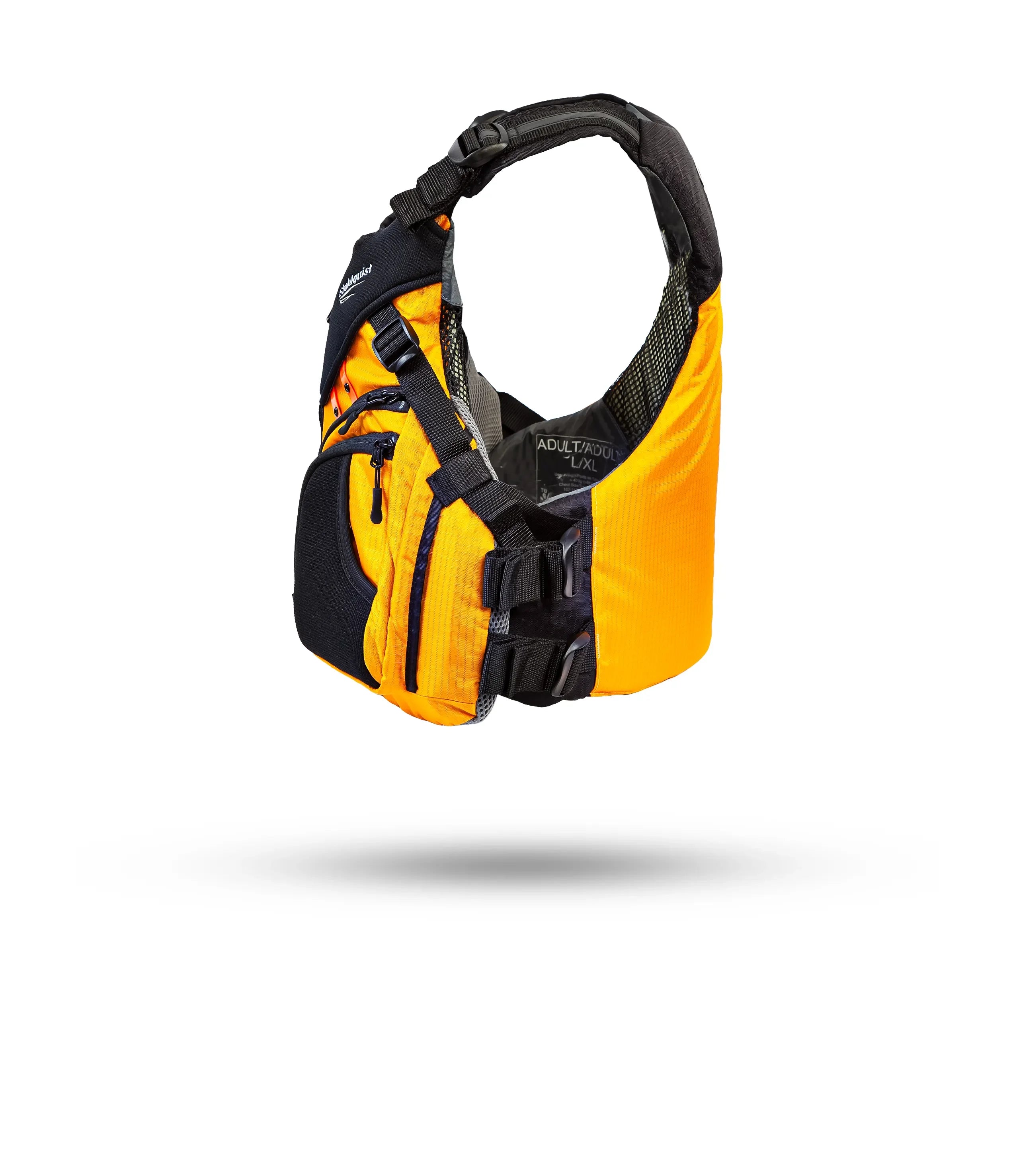 Stohlquist yellow and black kayaking life jacket, side view, with adjustable straps