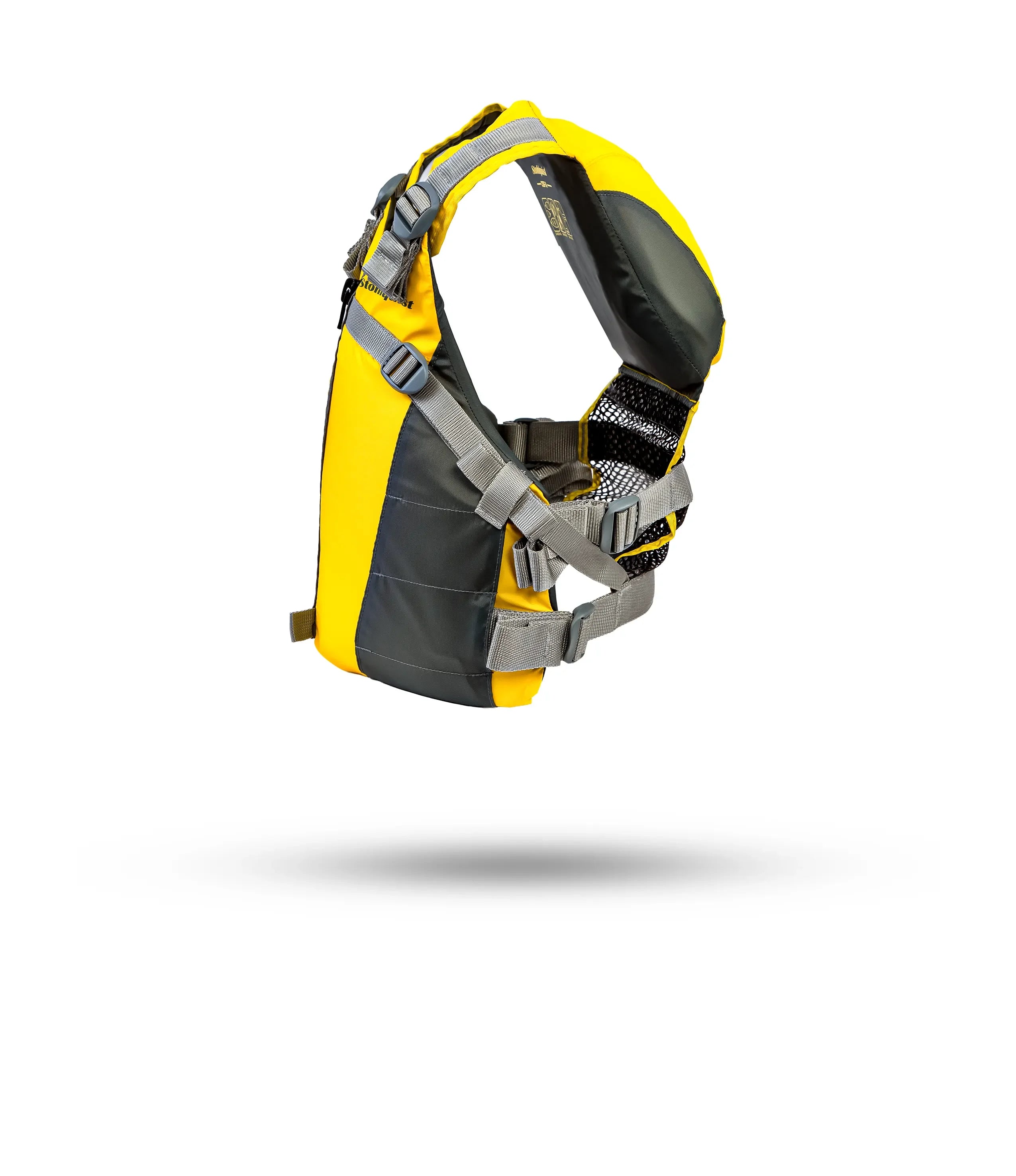 Stohlquist yellow and gray kayaking life jacket with adjustable straps, side view